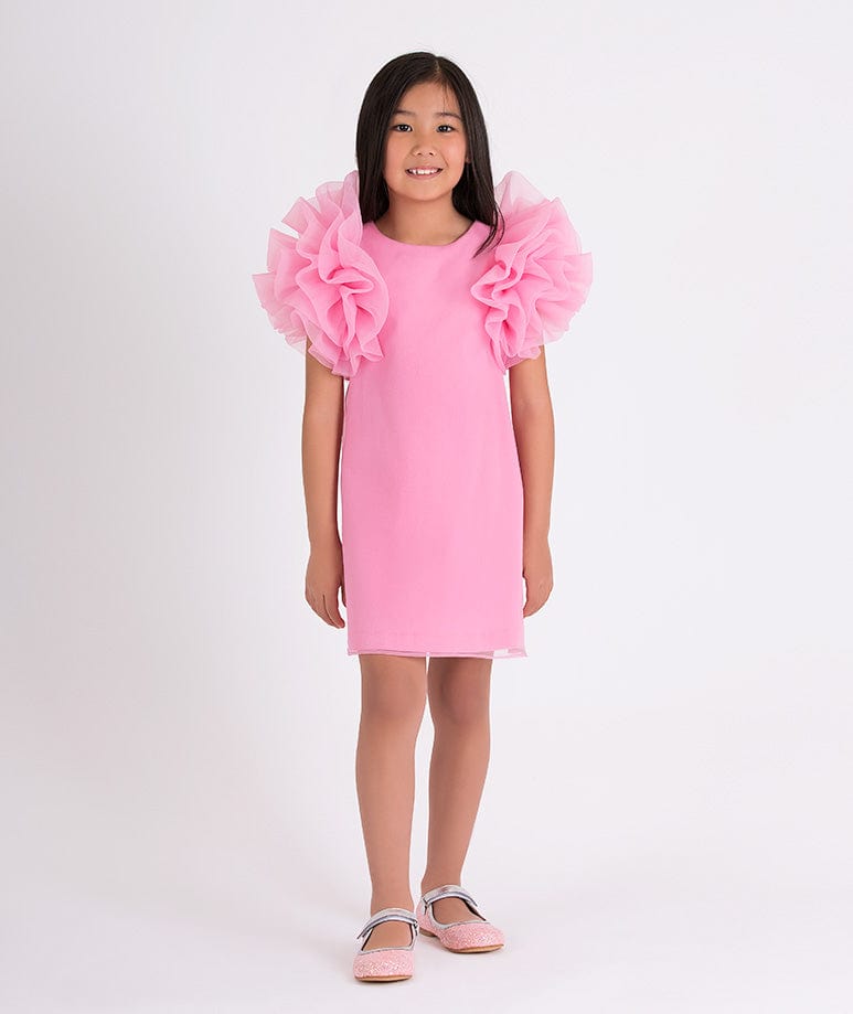 Mama Luma Girls Organza Ruffle Sleeve Dress in Pink