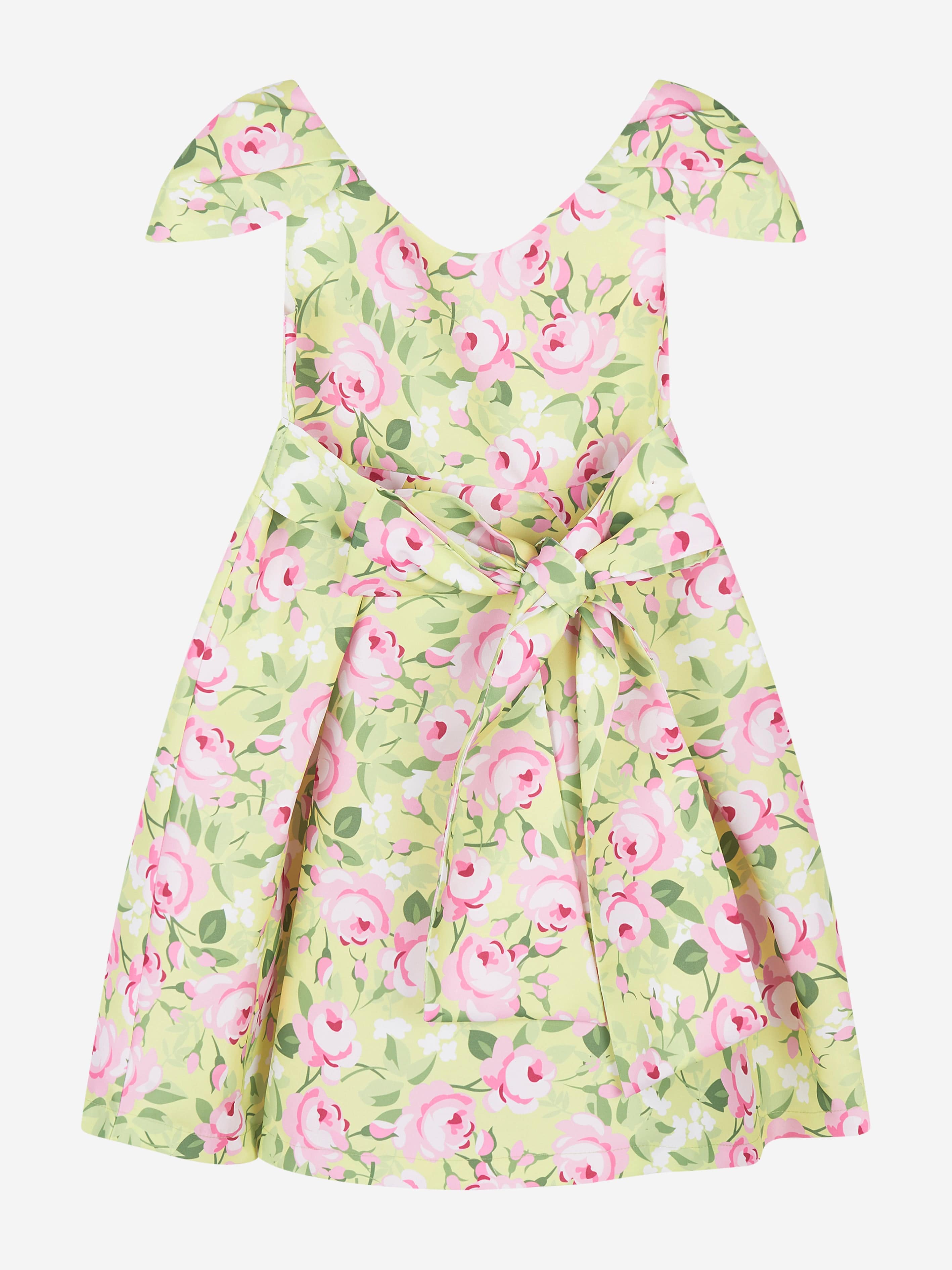 Mama Luma Girls Flower Print Dress With Belt in Yellow