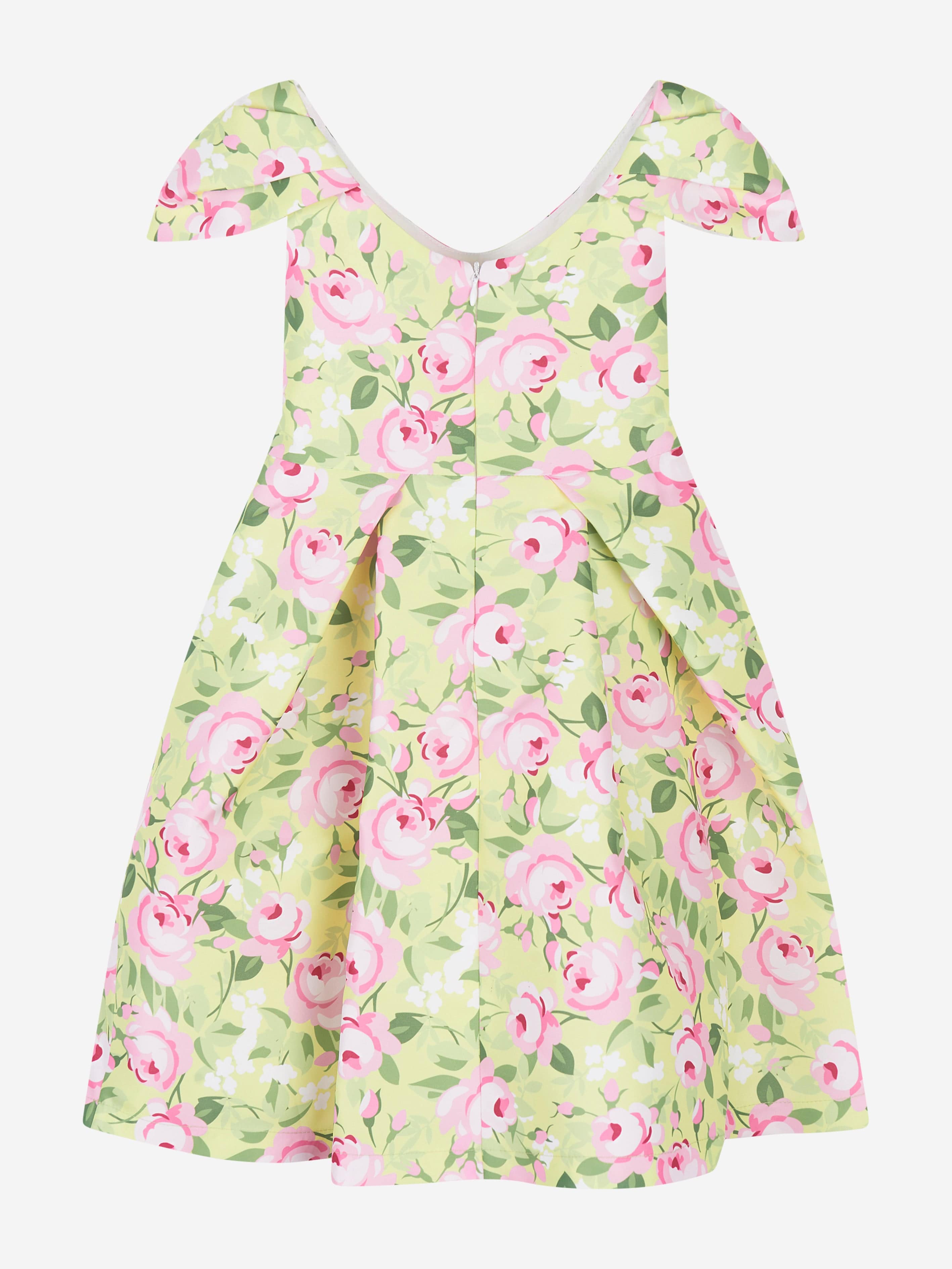 Mama Luma Girls Flower Print Dress With Belt in Yellow