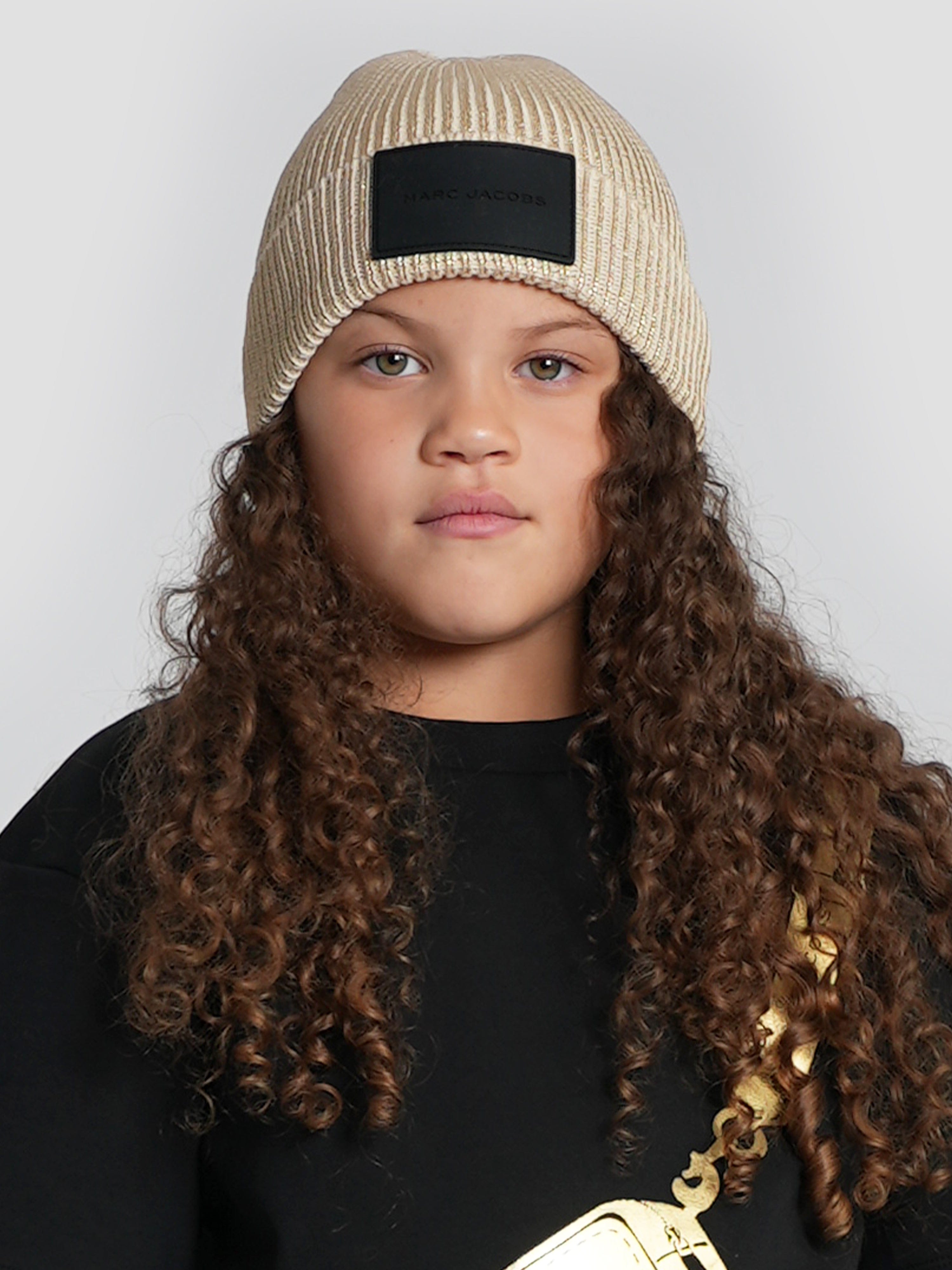 MARC JACOBS Girls Knitted Logo Beanie Hat in Gold