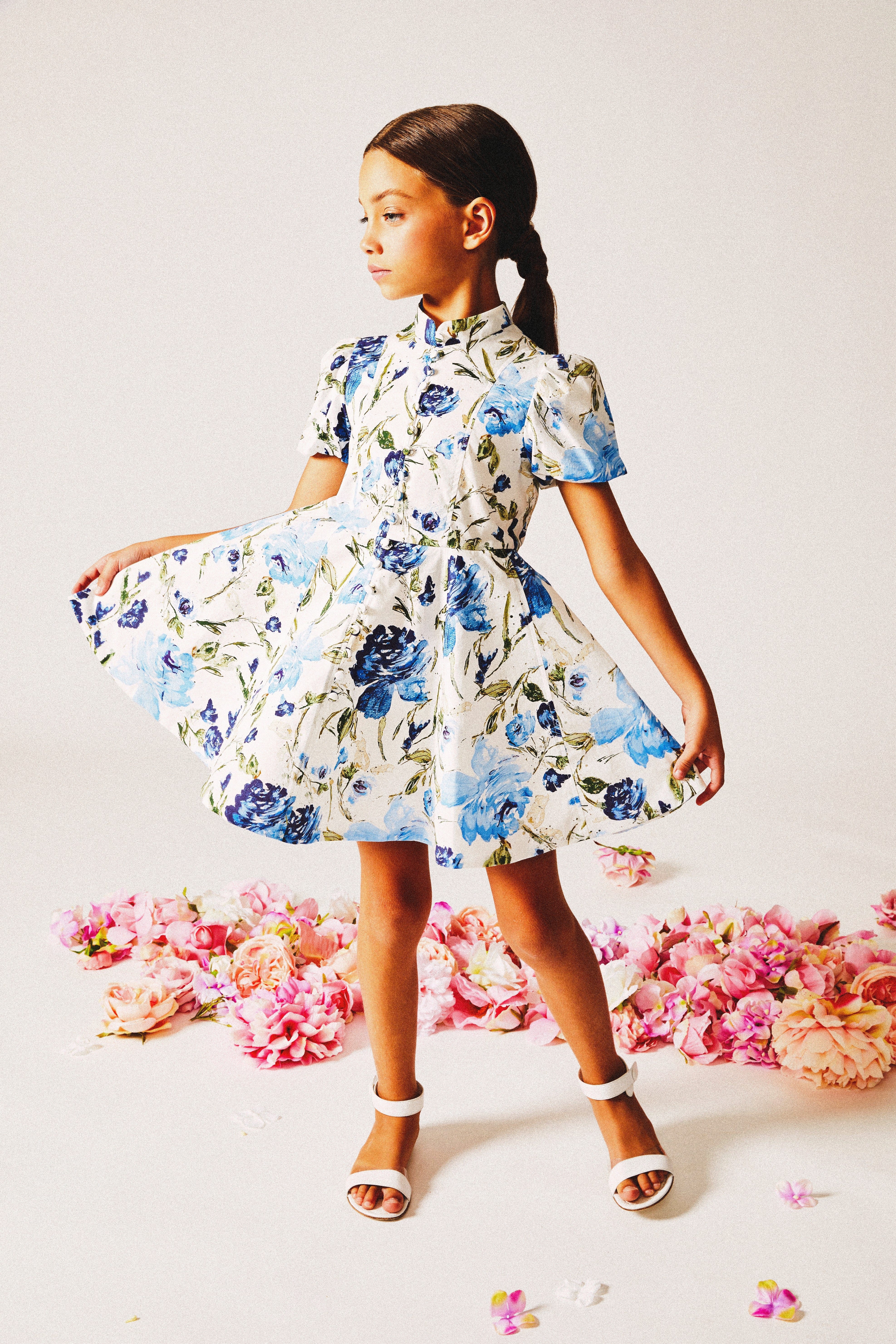 Marchesa Girls Floral Print Dress in Blue