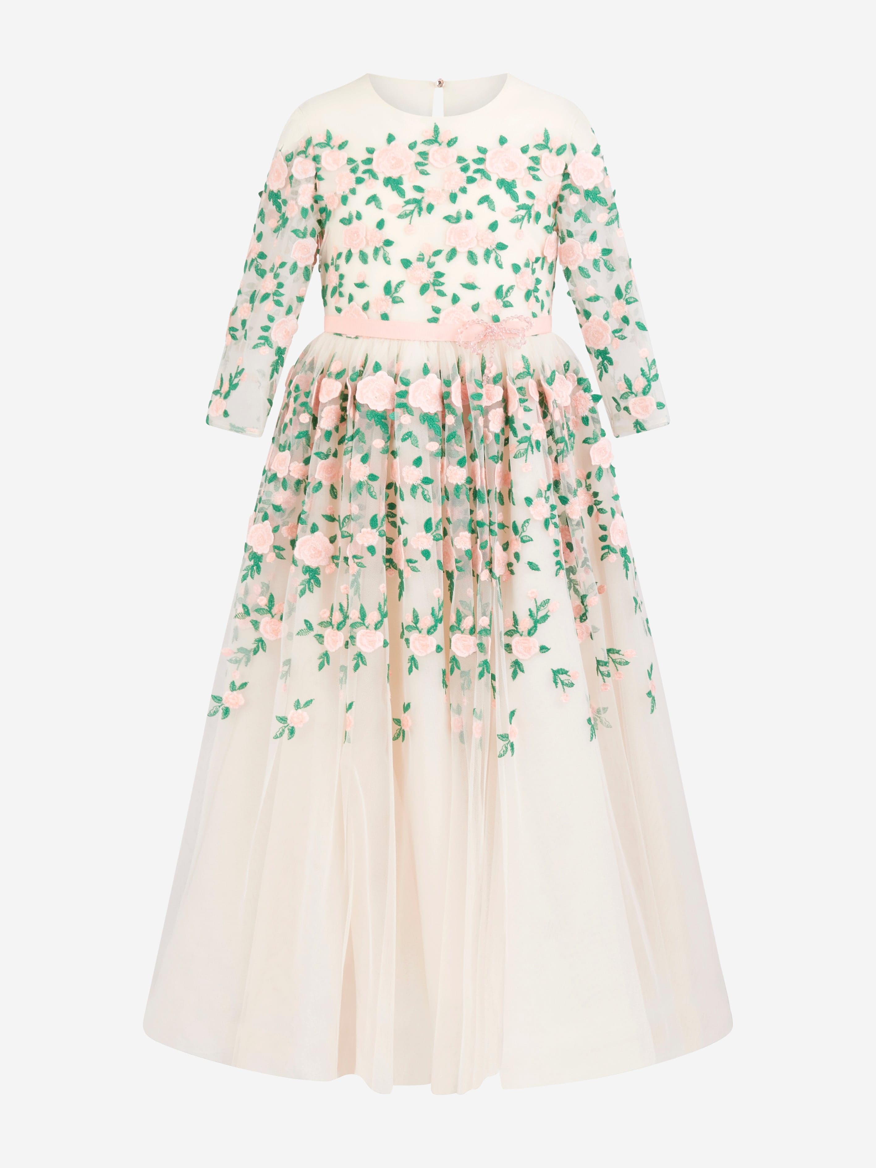 Marchesa Girls Floral Embroidered Tulle Gown in Cream