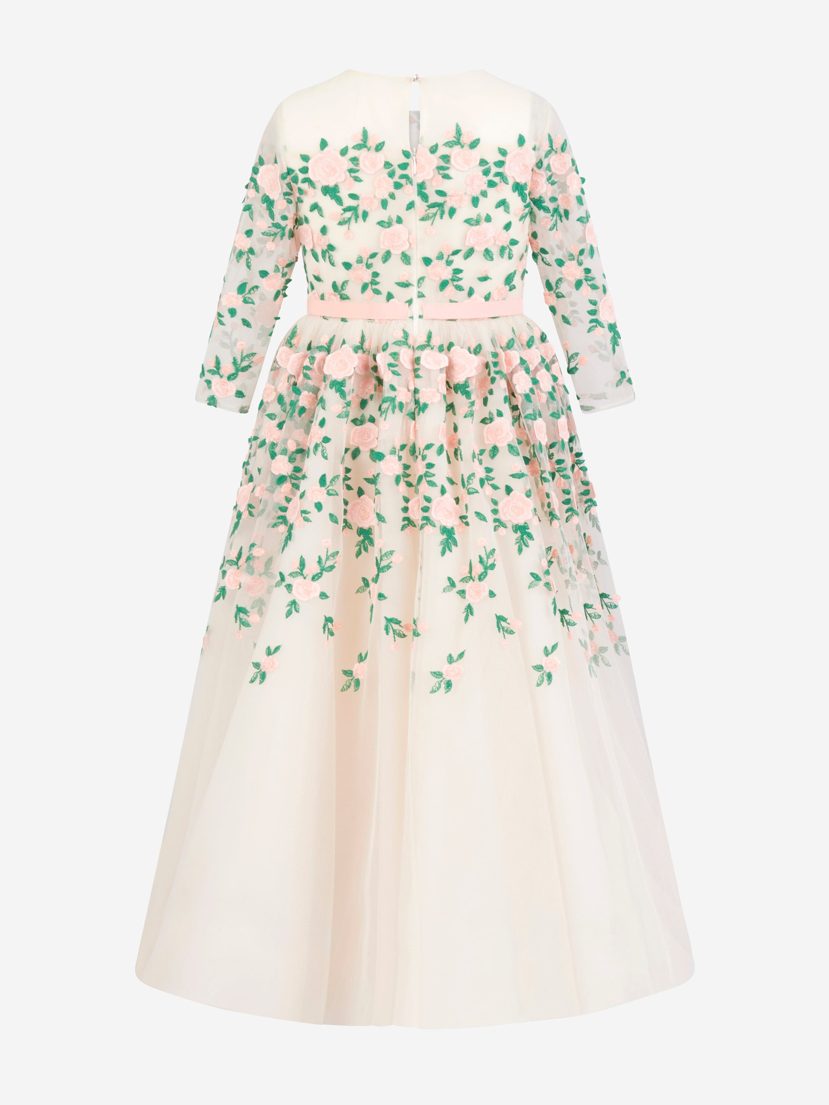 Marchesa Girls Floral Embroidered Tulle Gown in Cream