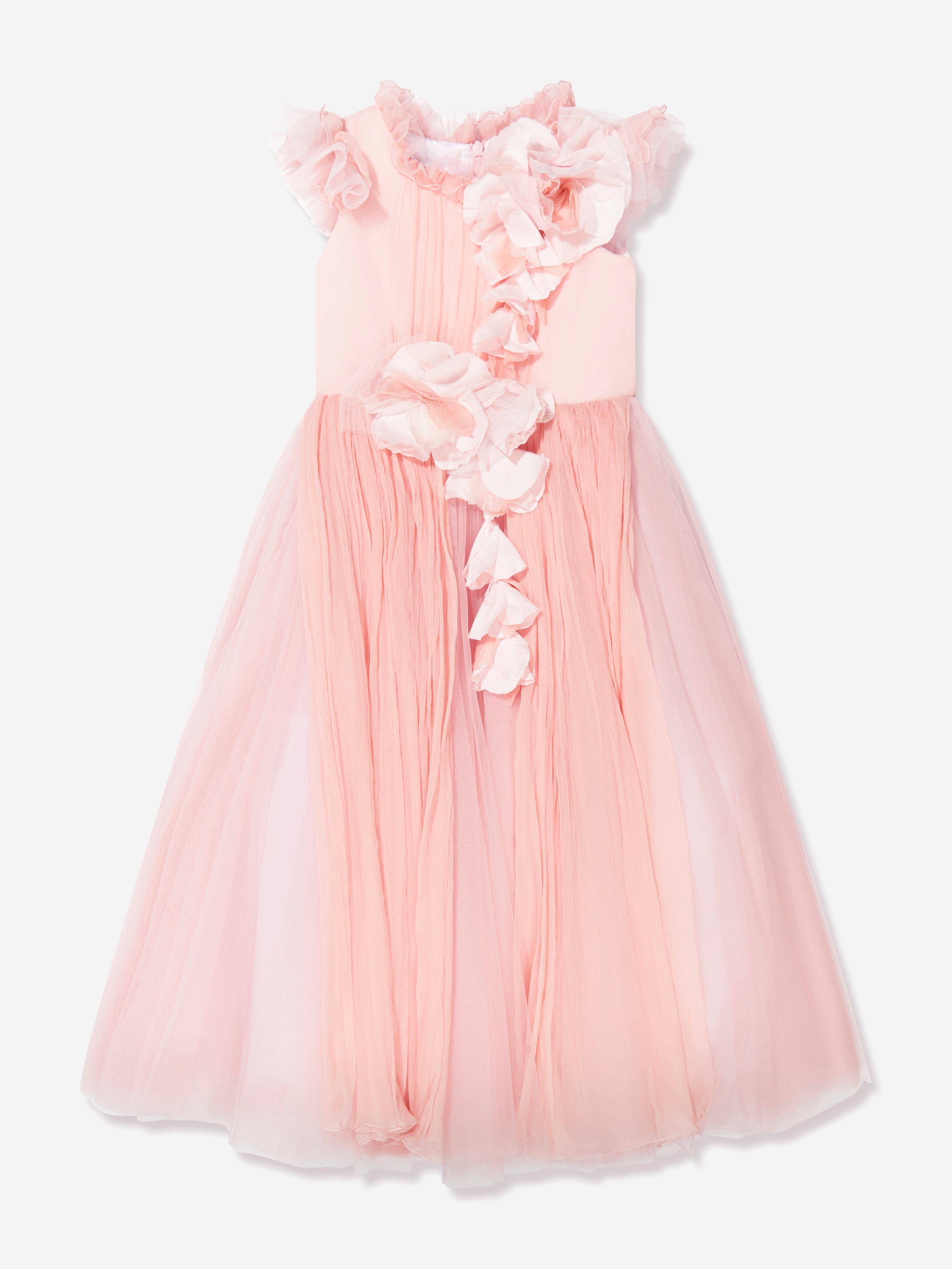 Marchesa Girls Flower Embellished Georgette Gown in Pink