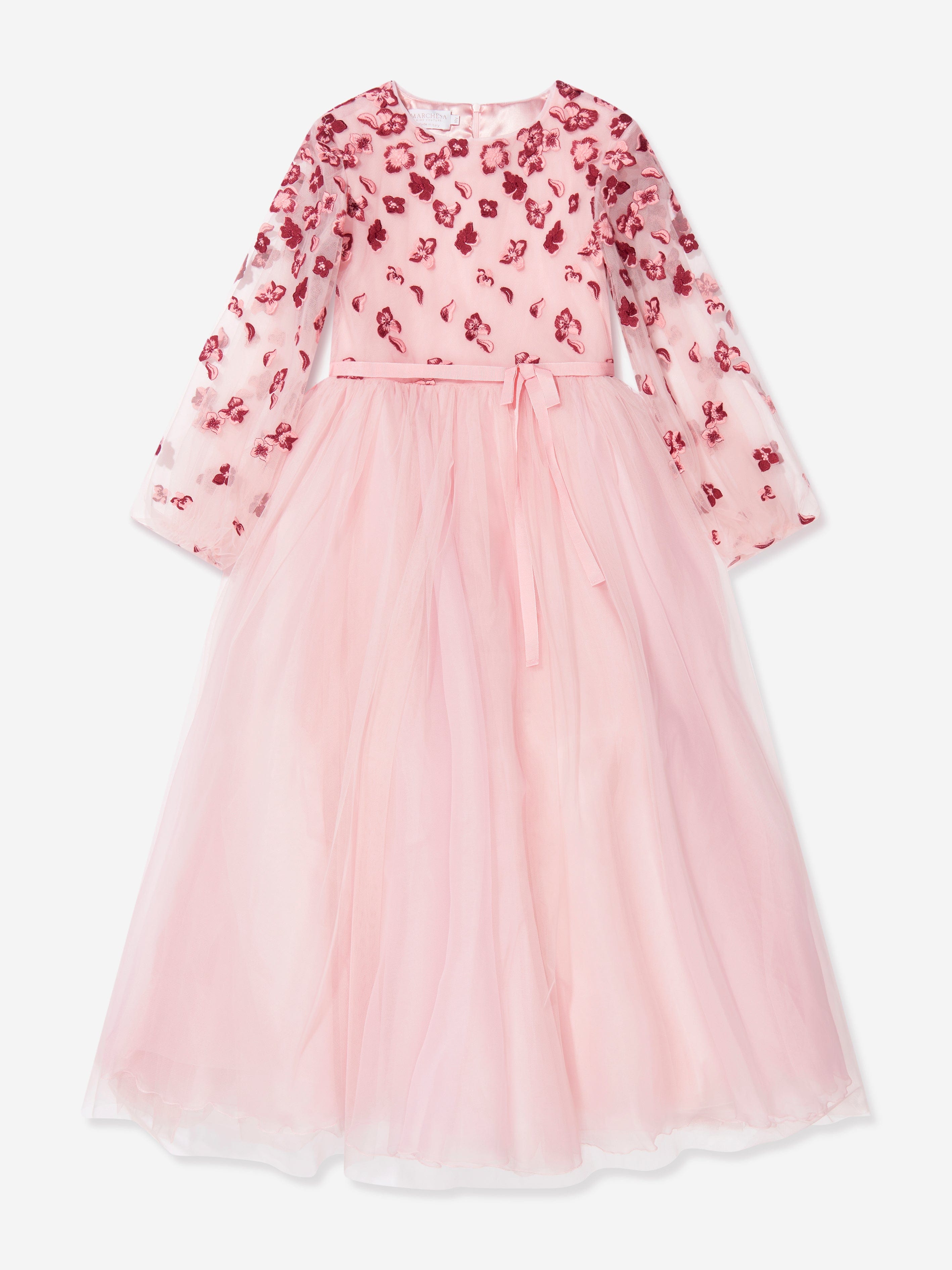 Marchesa Girls Flower Embroidered Tulle Gown in Pink