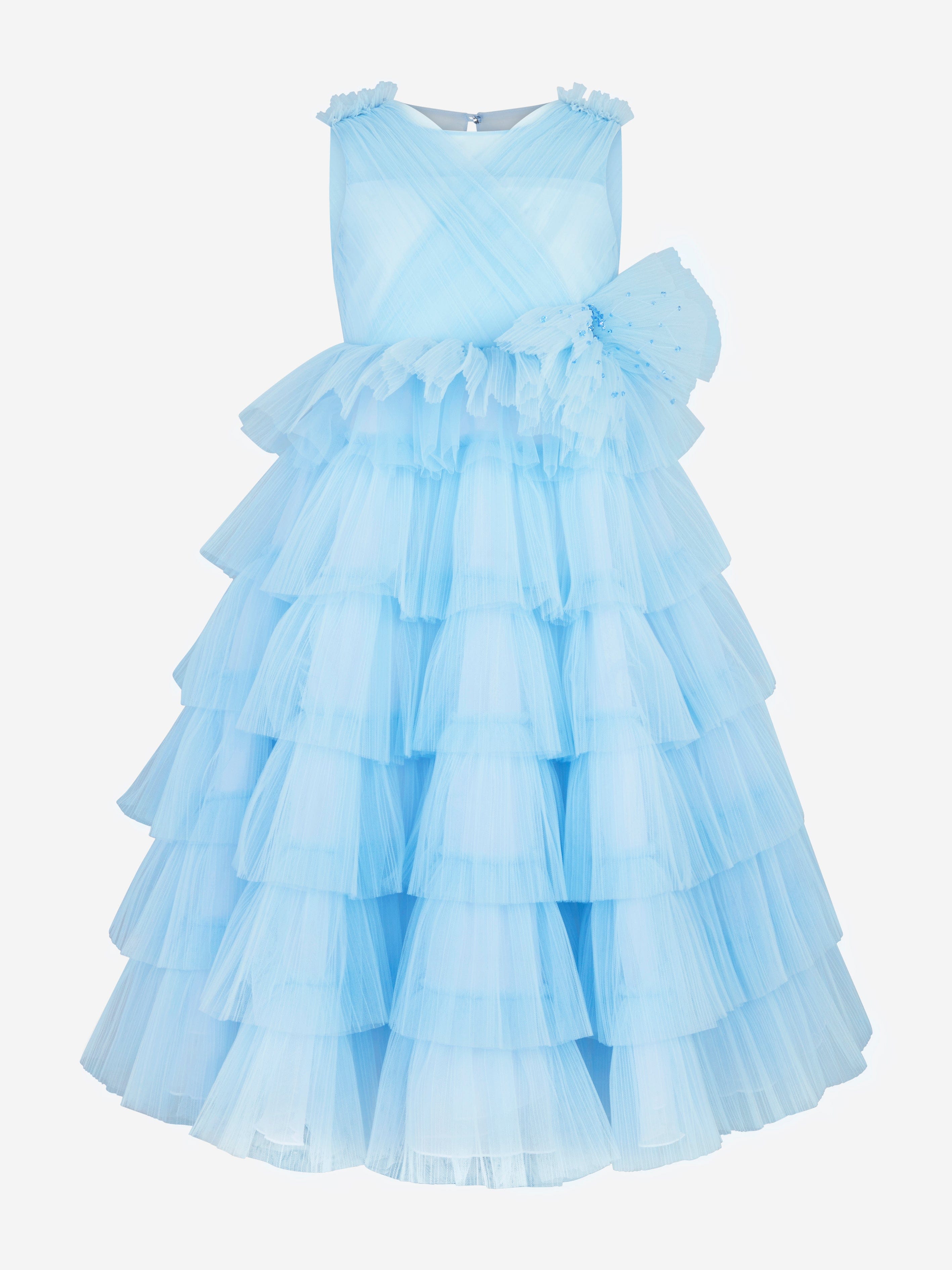 Marchesa Girls Bow Embellished Pleated Tulle Gown in Blue