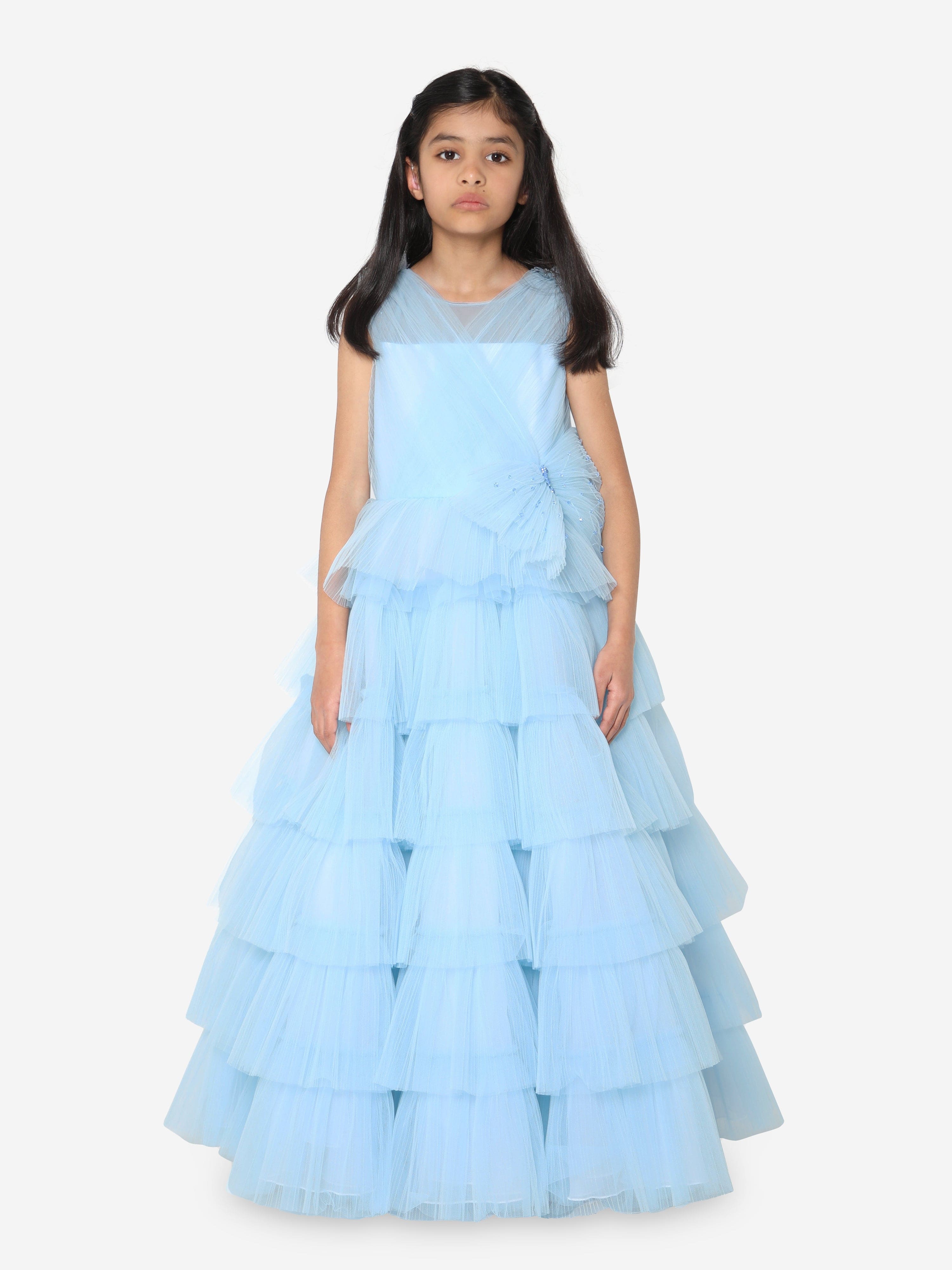 Marchesa Girls Bow Embellished Pleated Tulle Gown in Blue