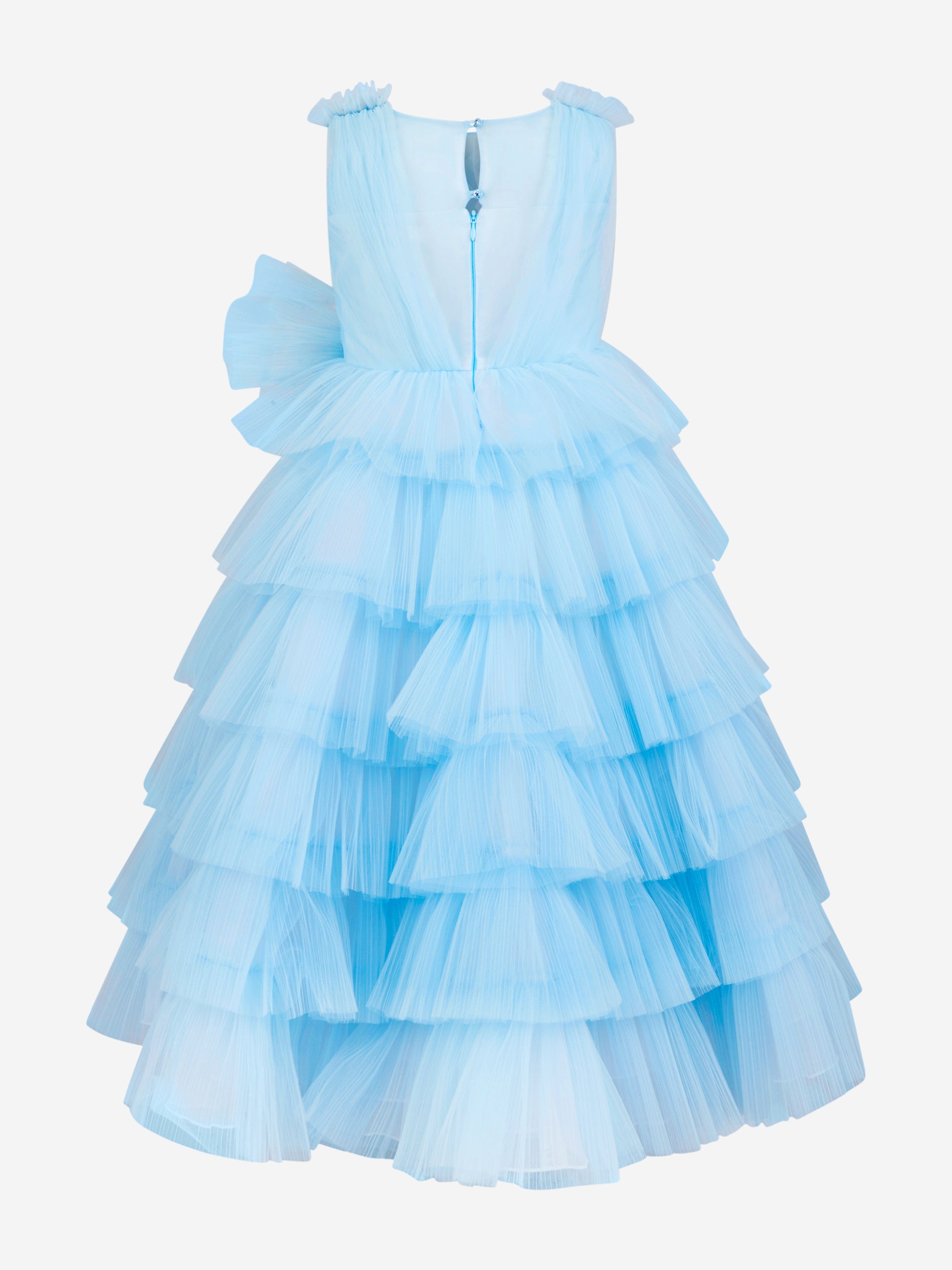 Marchesa Girls Bow Embellished Pleated Tulle Gown in Blue