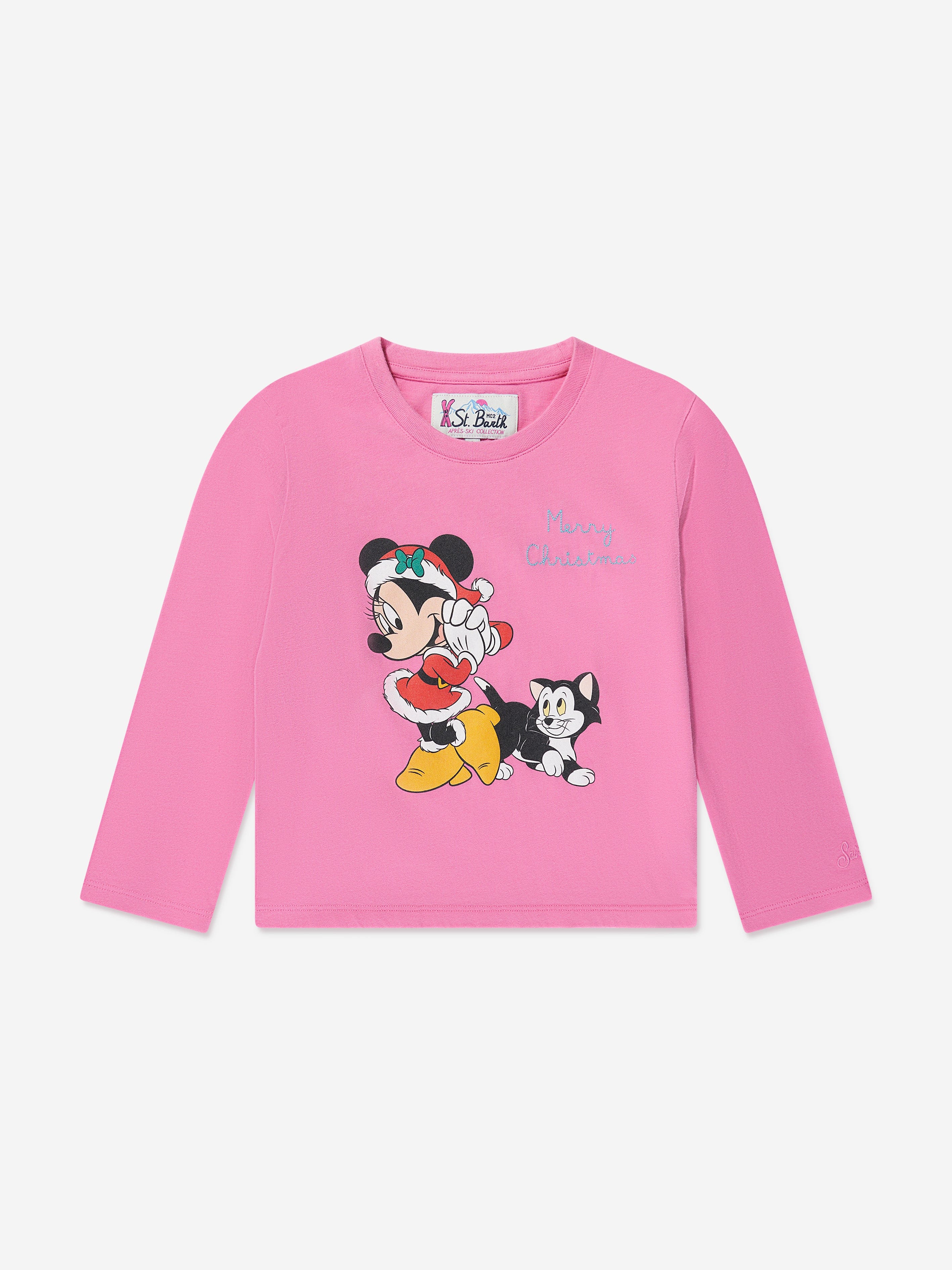 MC2 Saint Barth Girls Minnie Christmas Long Sleeve T-Shirt in Pink