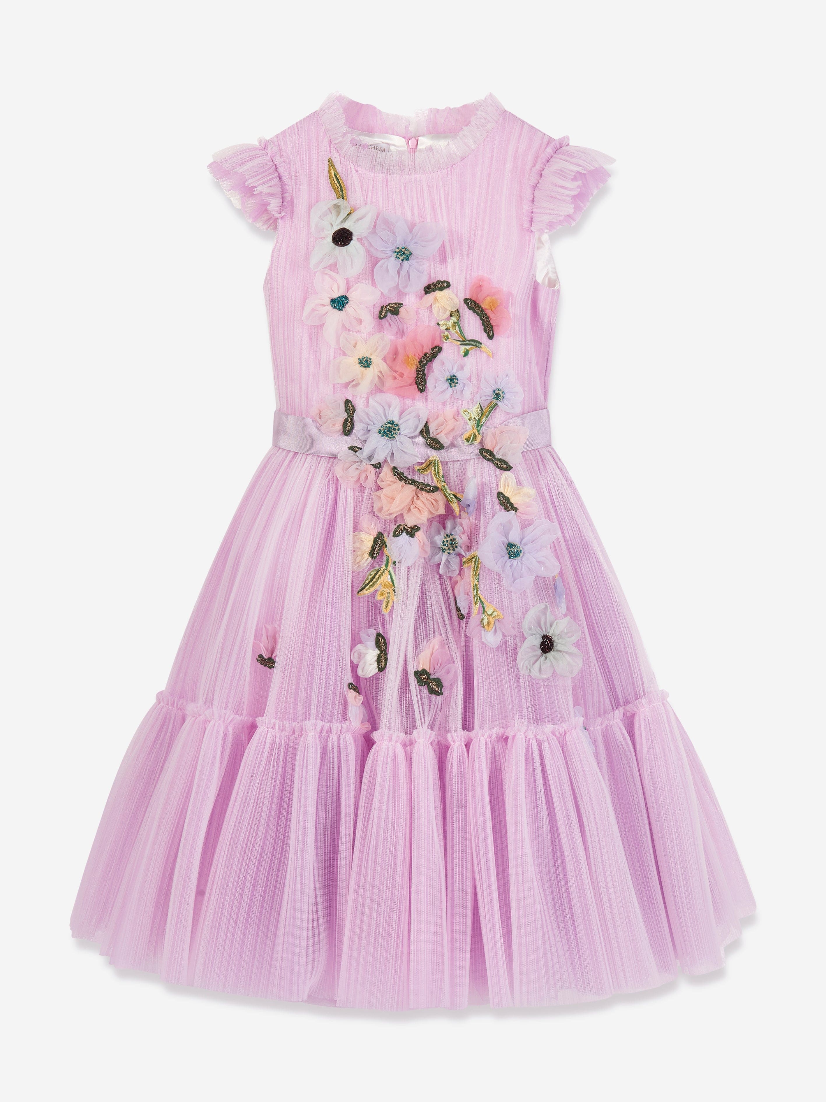 Marchesa Girls Flower Embellished Pleated Tulle Gown in Purple