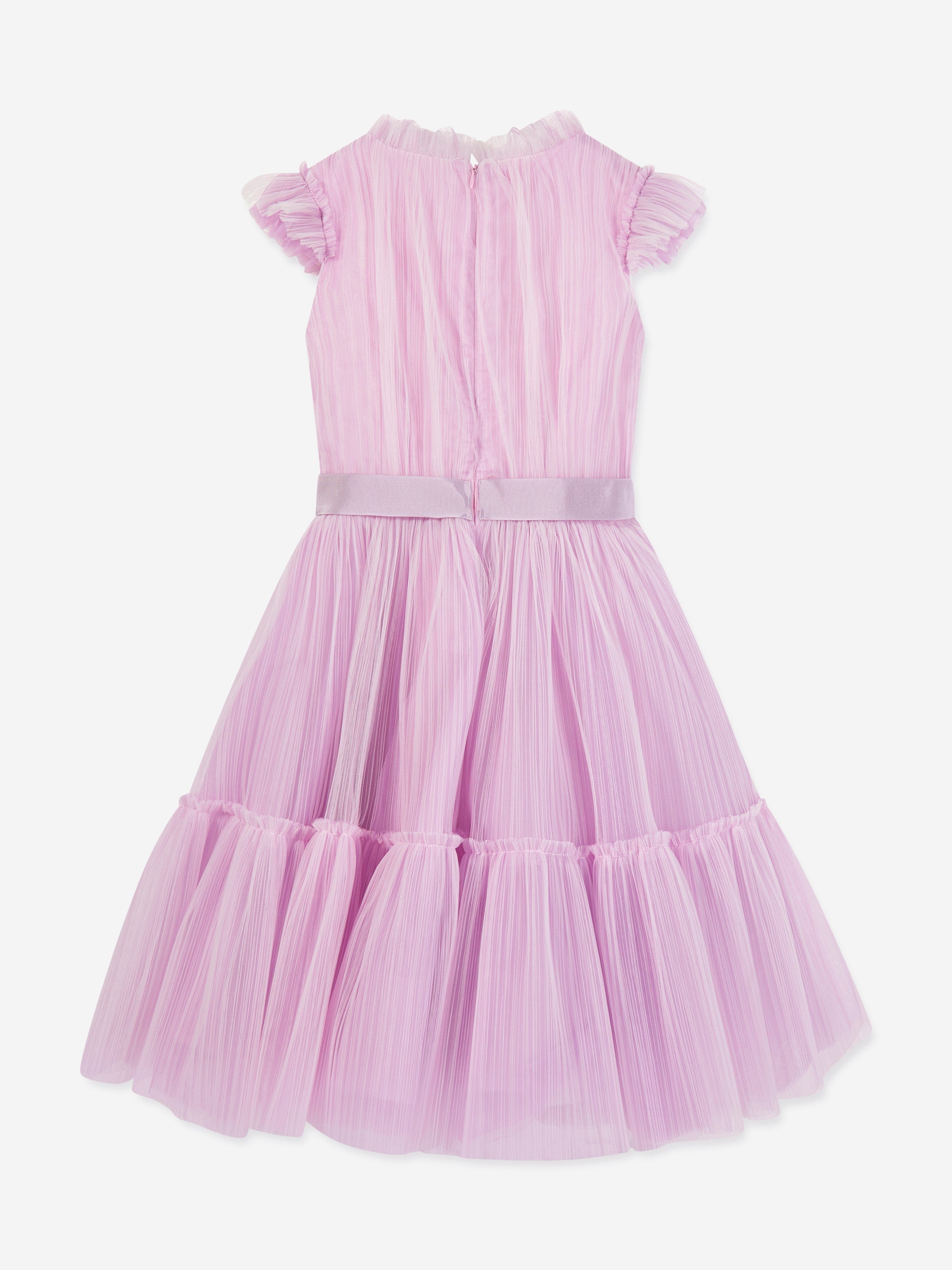 Marchesa Girls Flower Embellished Pleated Tulle Gown in Purple