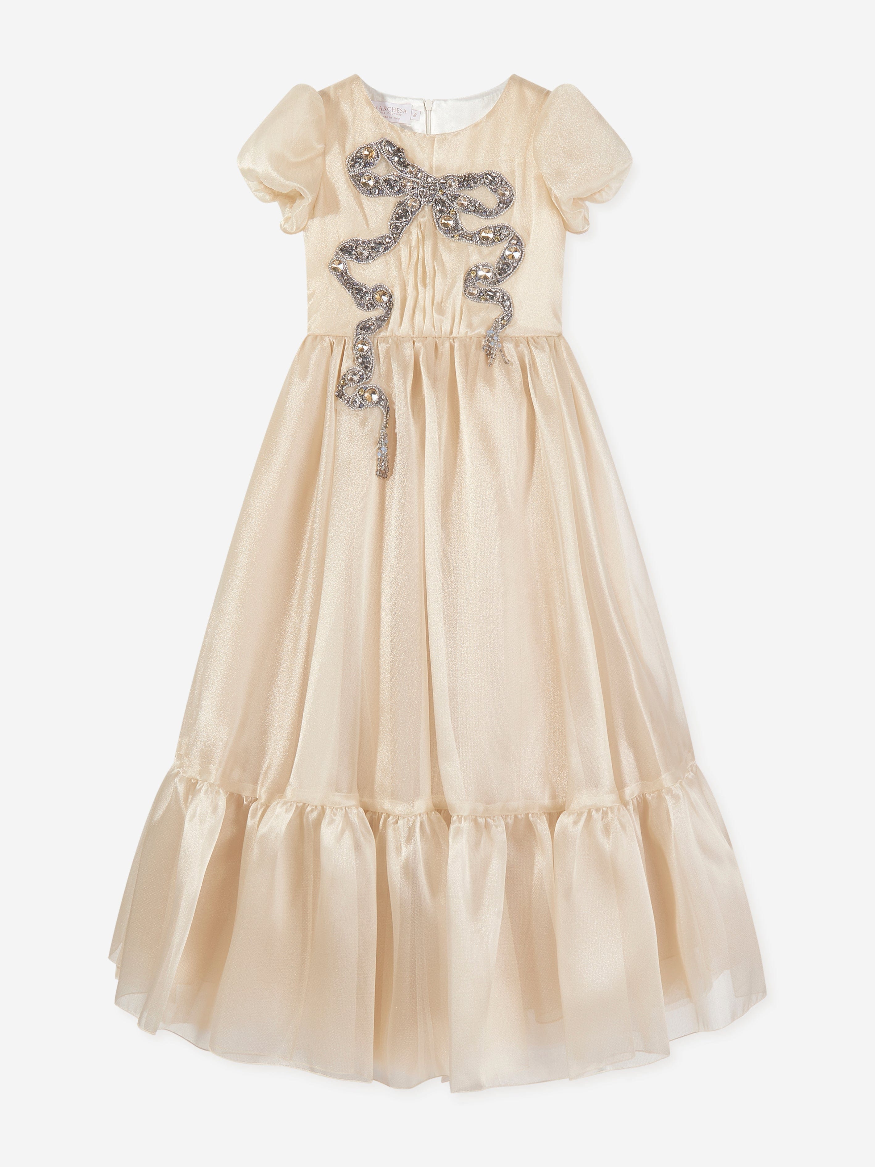 Marchesa Girls Bow Embellished Organza Gown in Gold