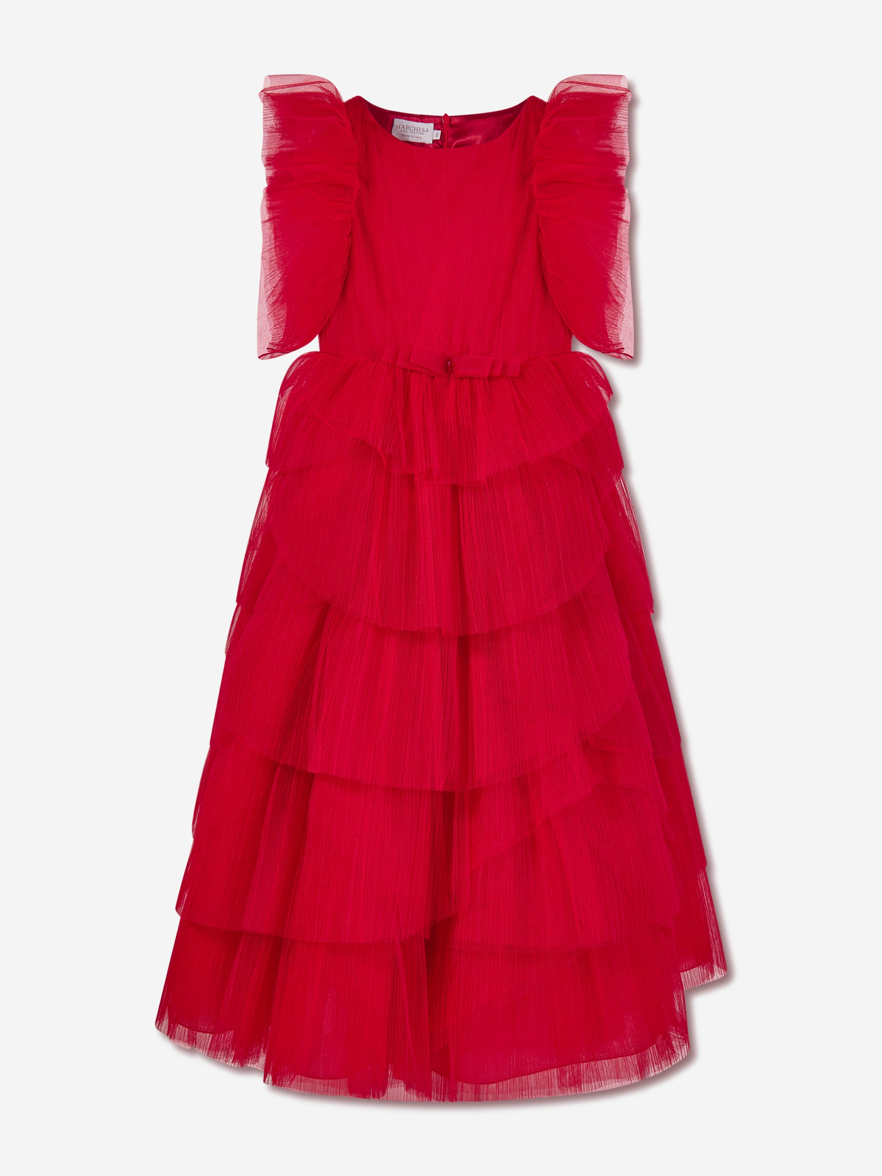 Marchesa Girls Pleated Tulle Flounce Gown in Red