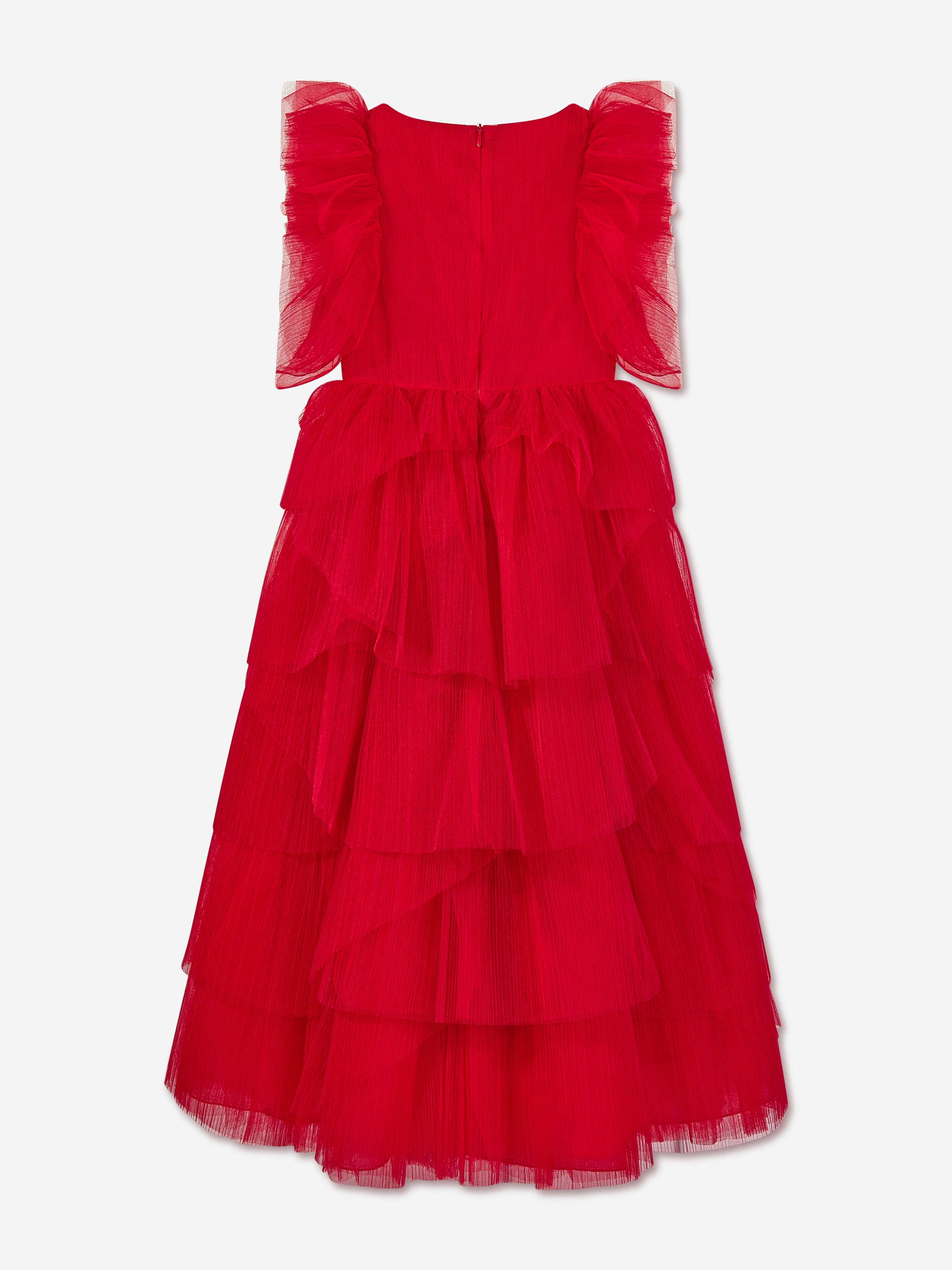 Marchesa Girls Pleated Tulle Flounce Gown in Red