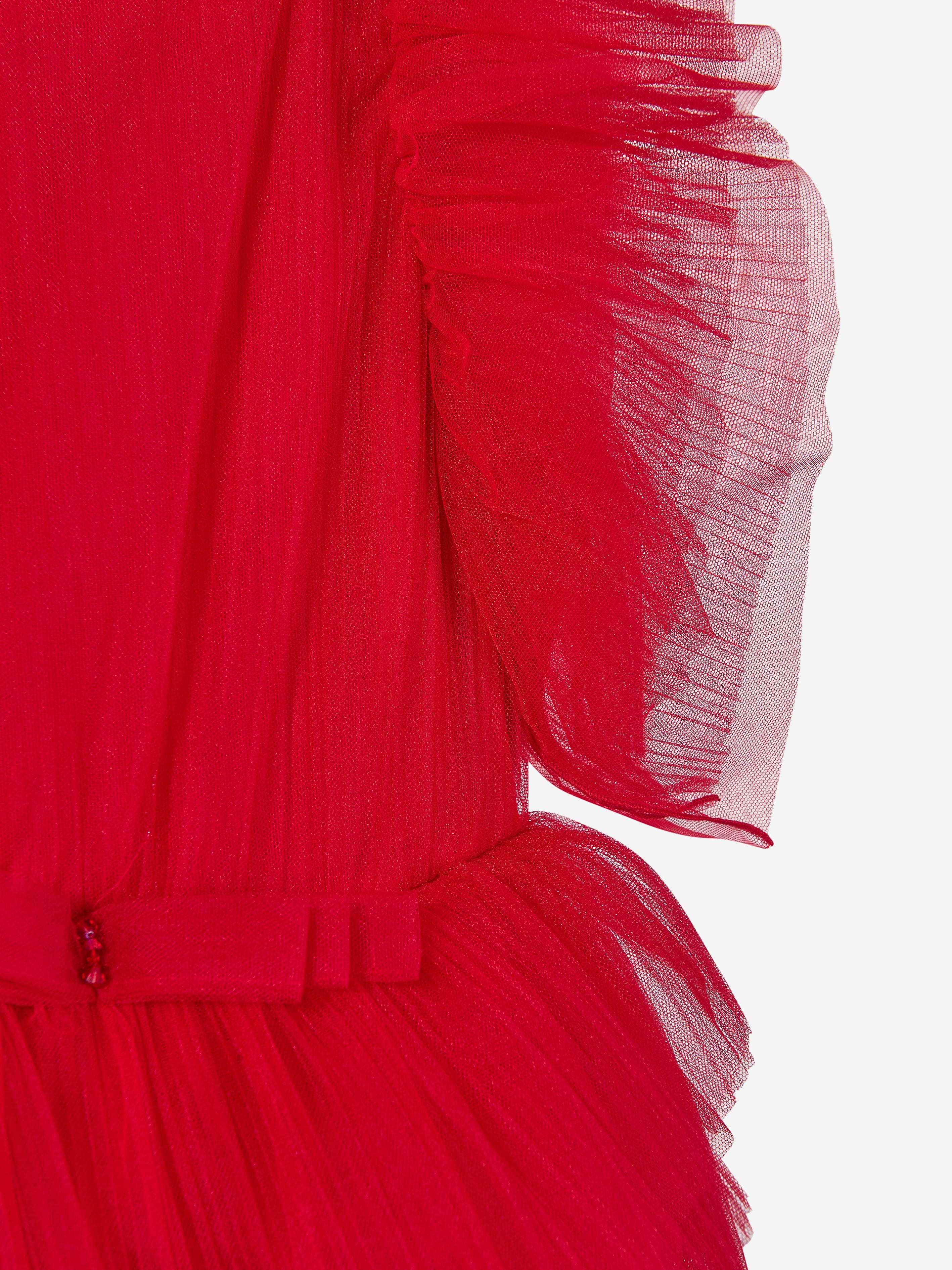 Marchesa Girls Pleated Tulle Flounce Gown in Red