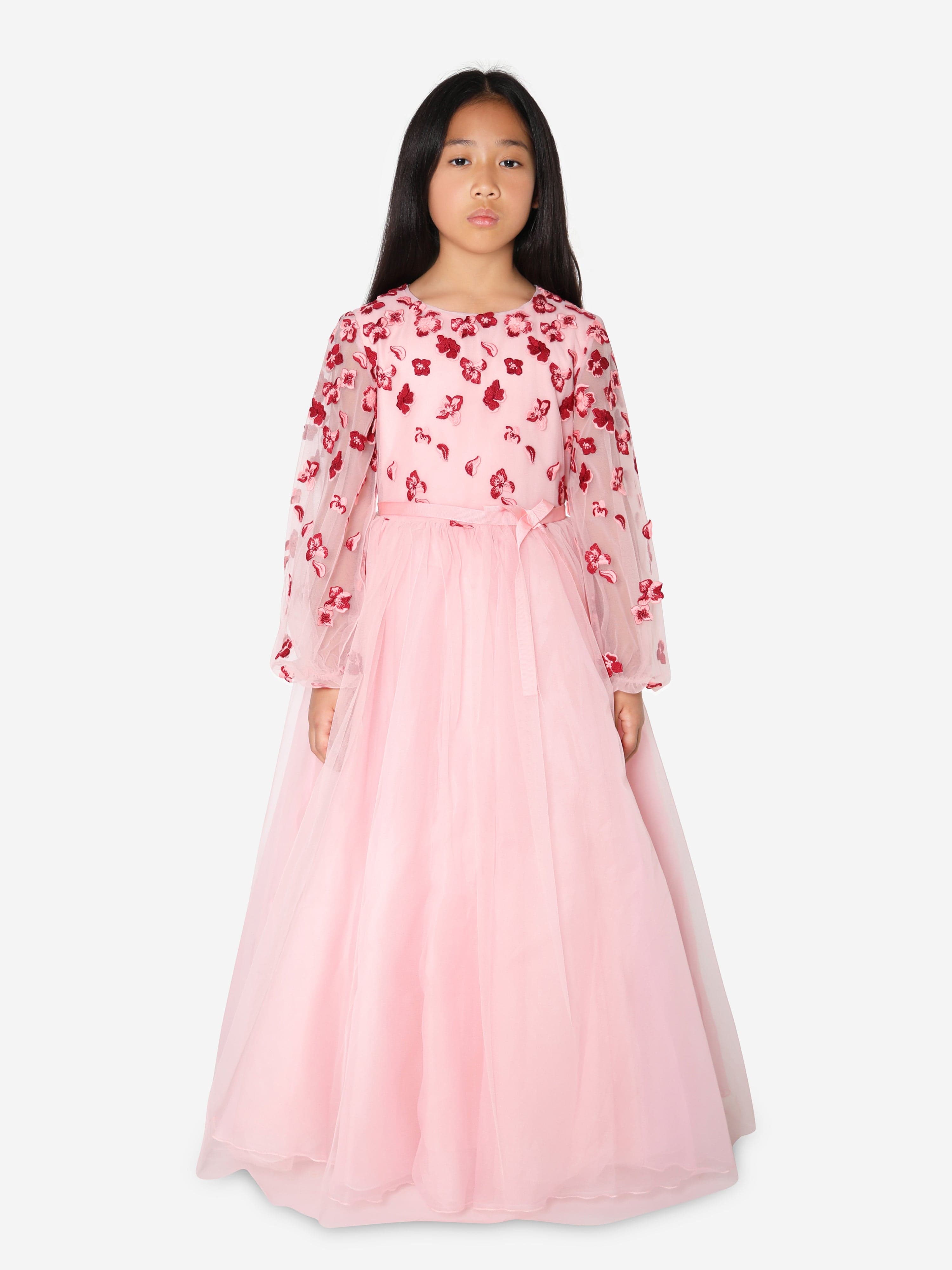 Marchesa Girls Flower Embroidered Tulle Gown in Pink