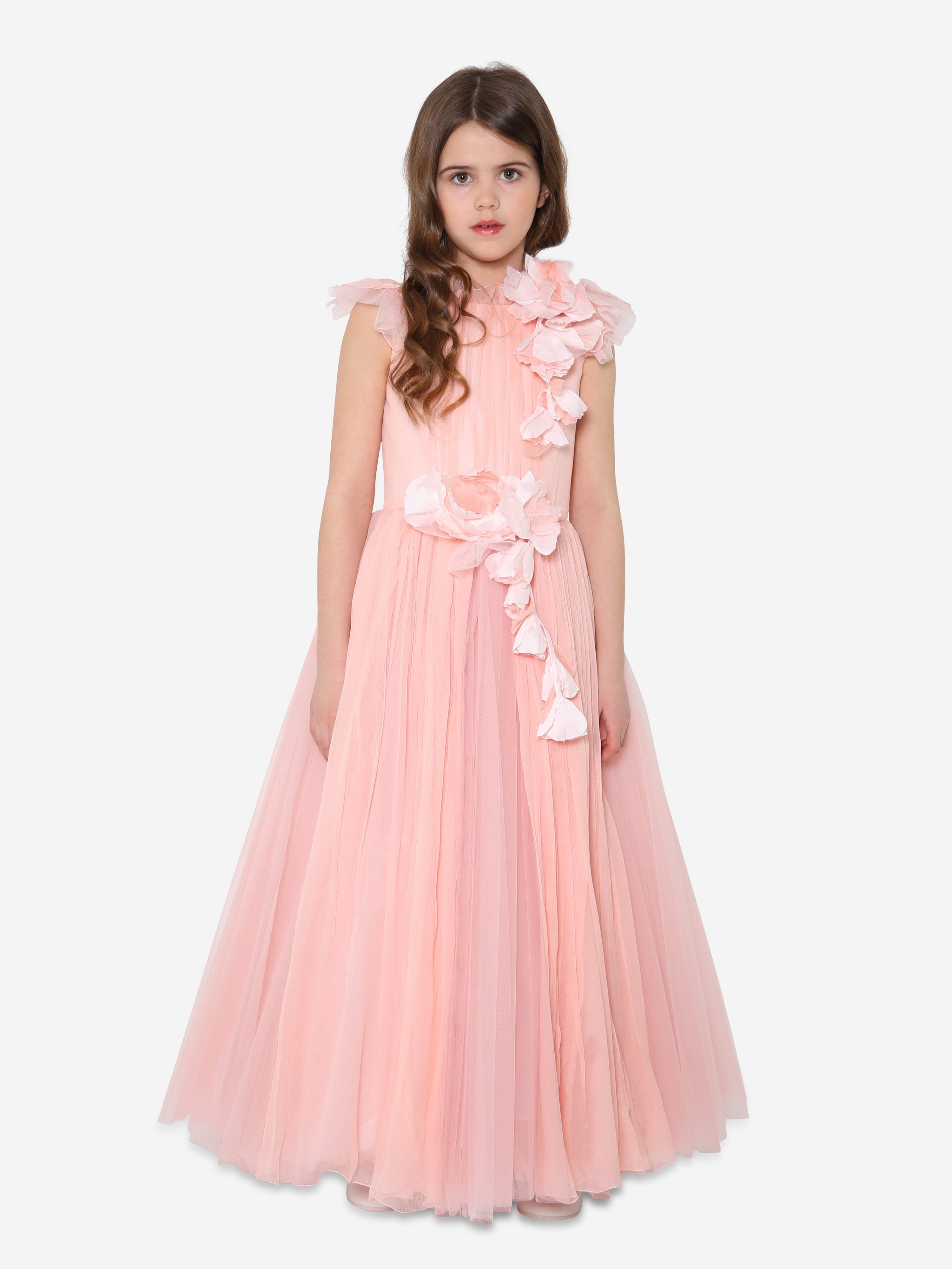 Marchesa Girls Flower Embellished Georgette Gown in Pink