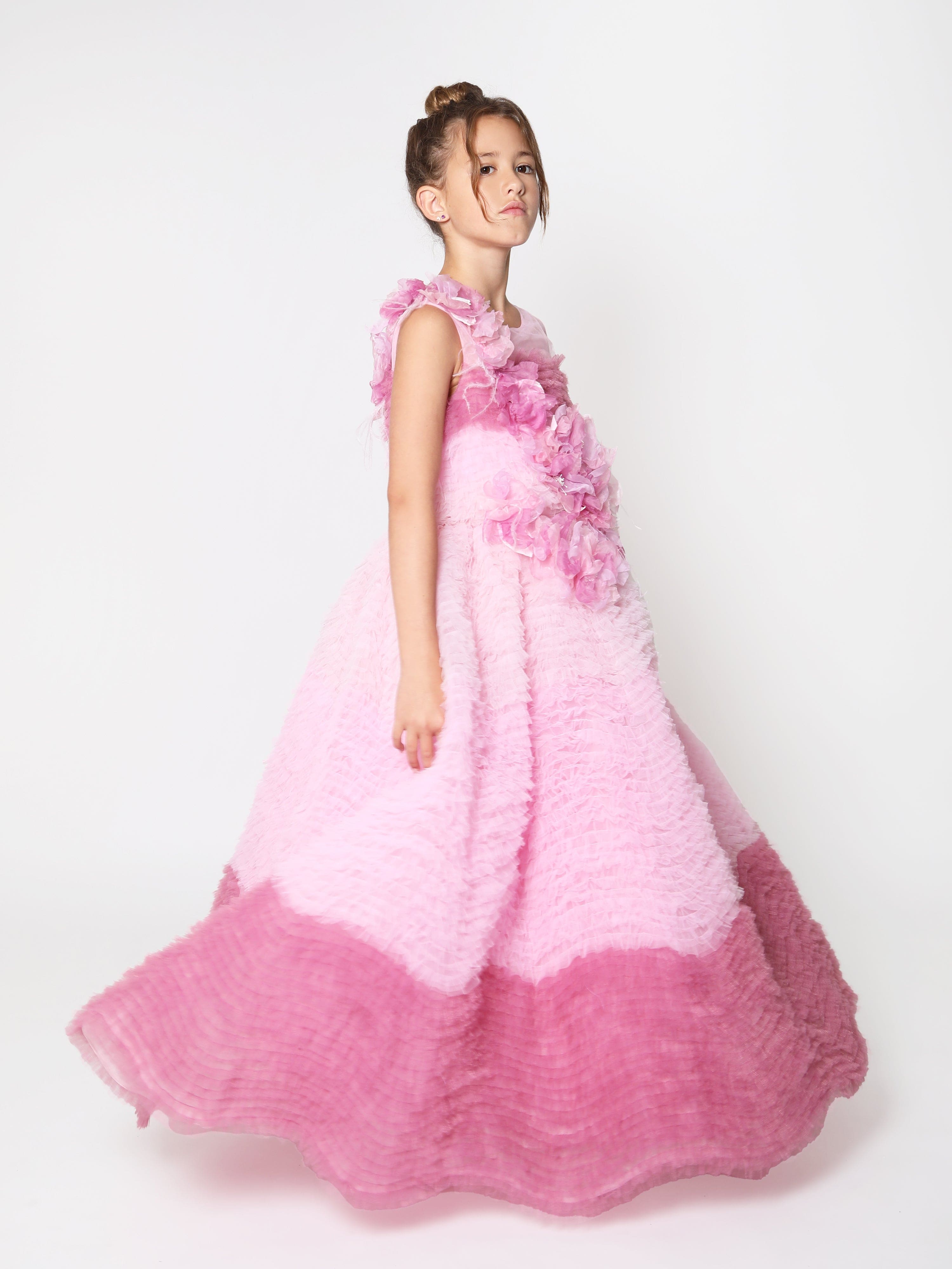 Marchesa Girls Flower Embellished Degradé Tulle Gown in Pink