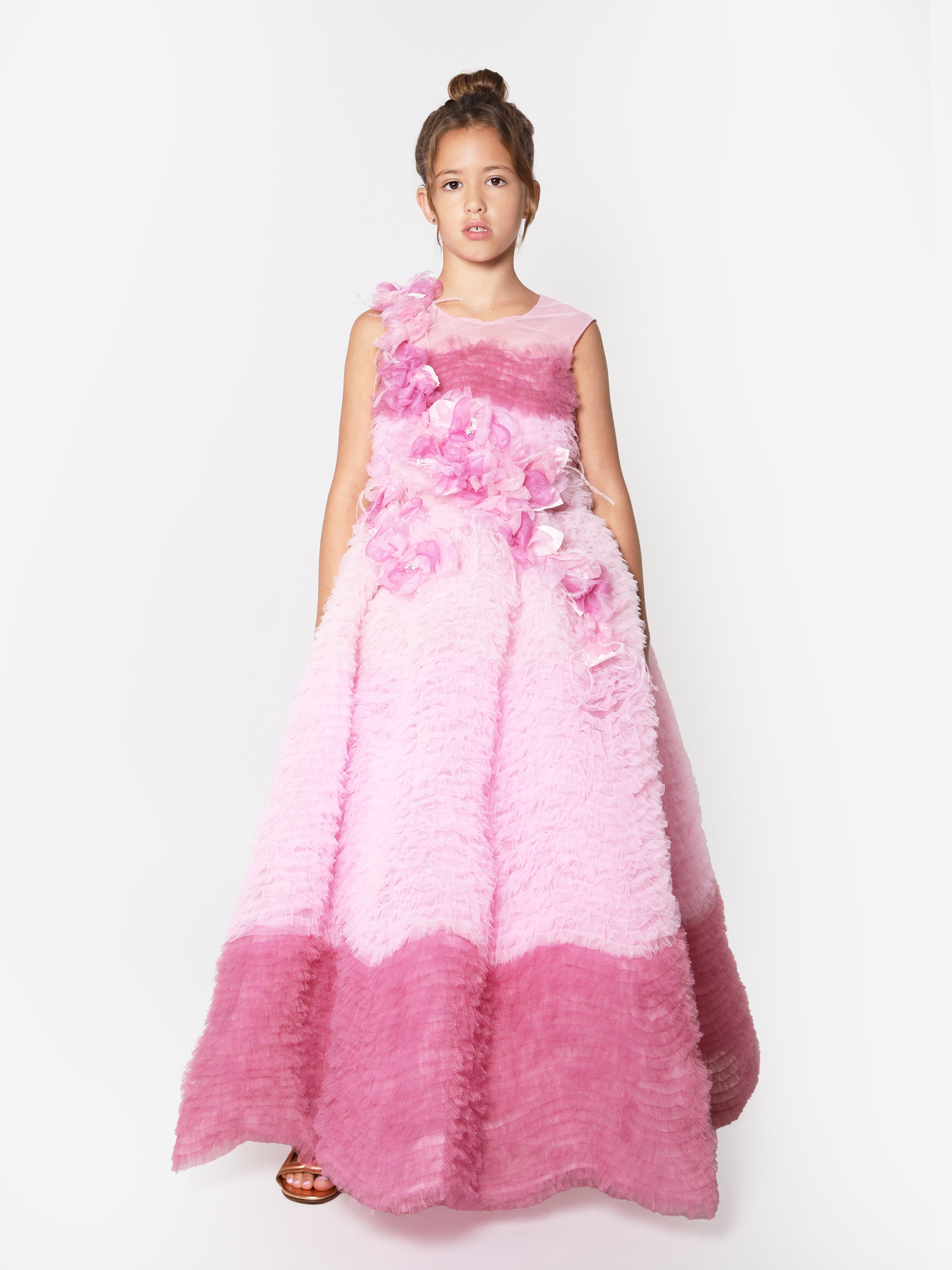 Marchesa Girls Flower Embellished Degradé Tulle Gown in Pink