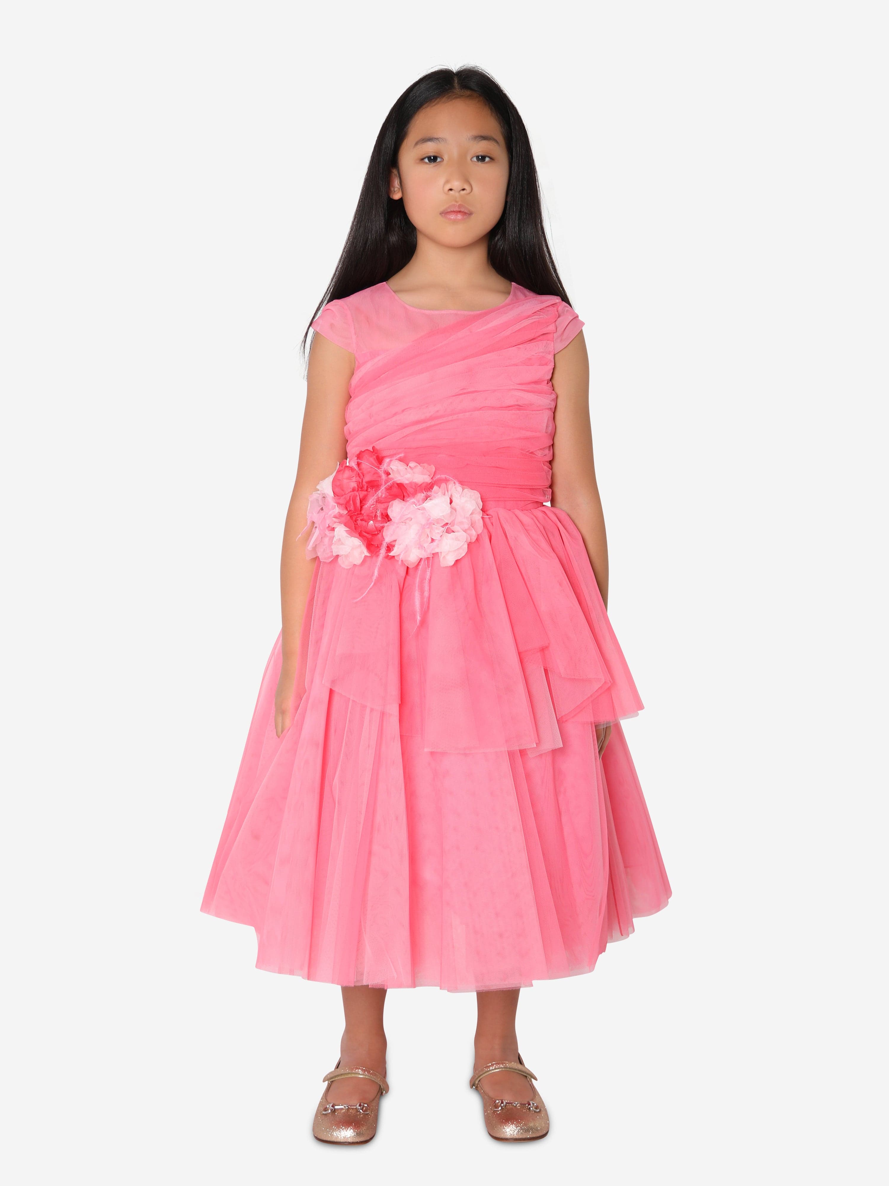 Marchesa Girls Draped Bodice Flower Embellished Tulle Gown in Pink