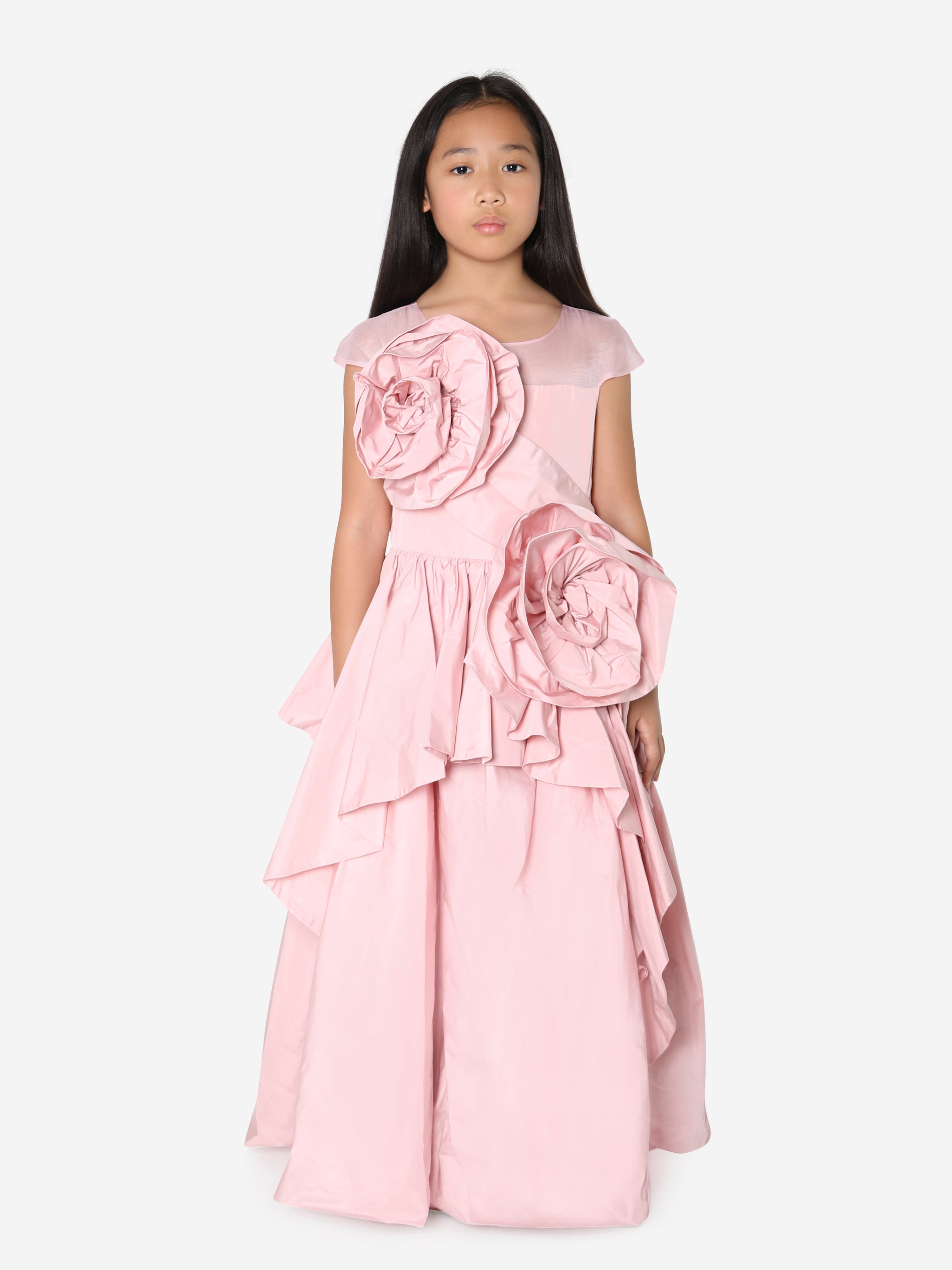 Marchesa Girls Rose Embellished Sculptural Taffeta Gown in Pink