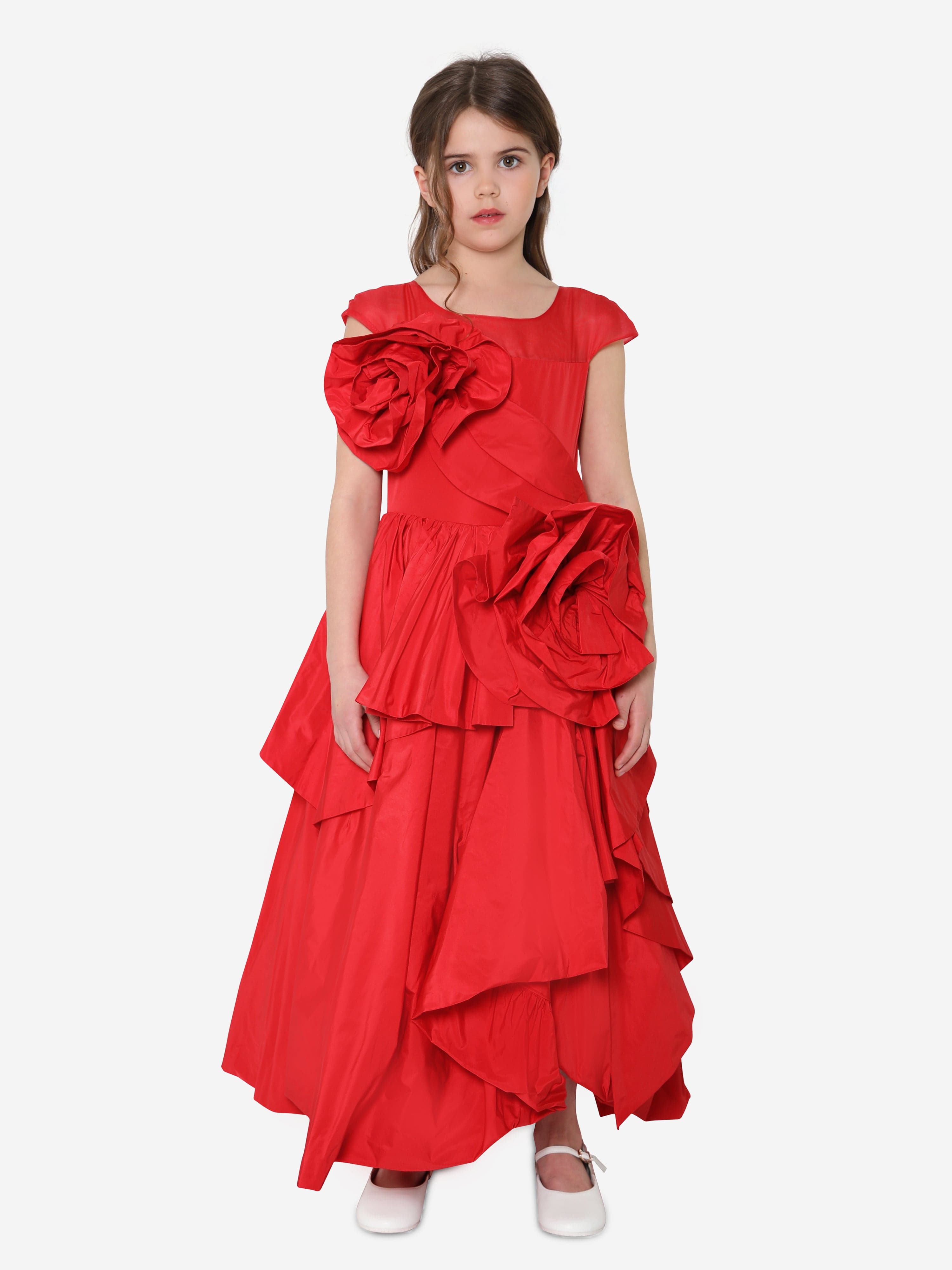 Marchesa Girls Rose Embellished Sculptural Taffeta Gown in Red