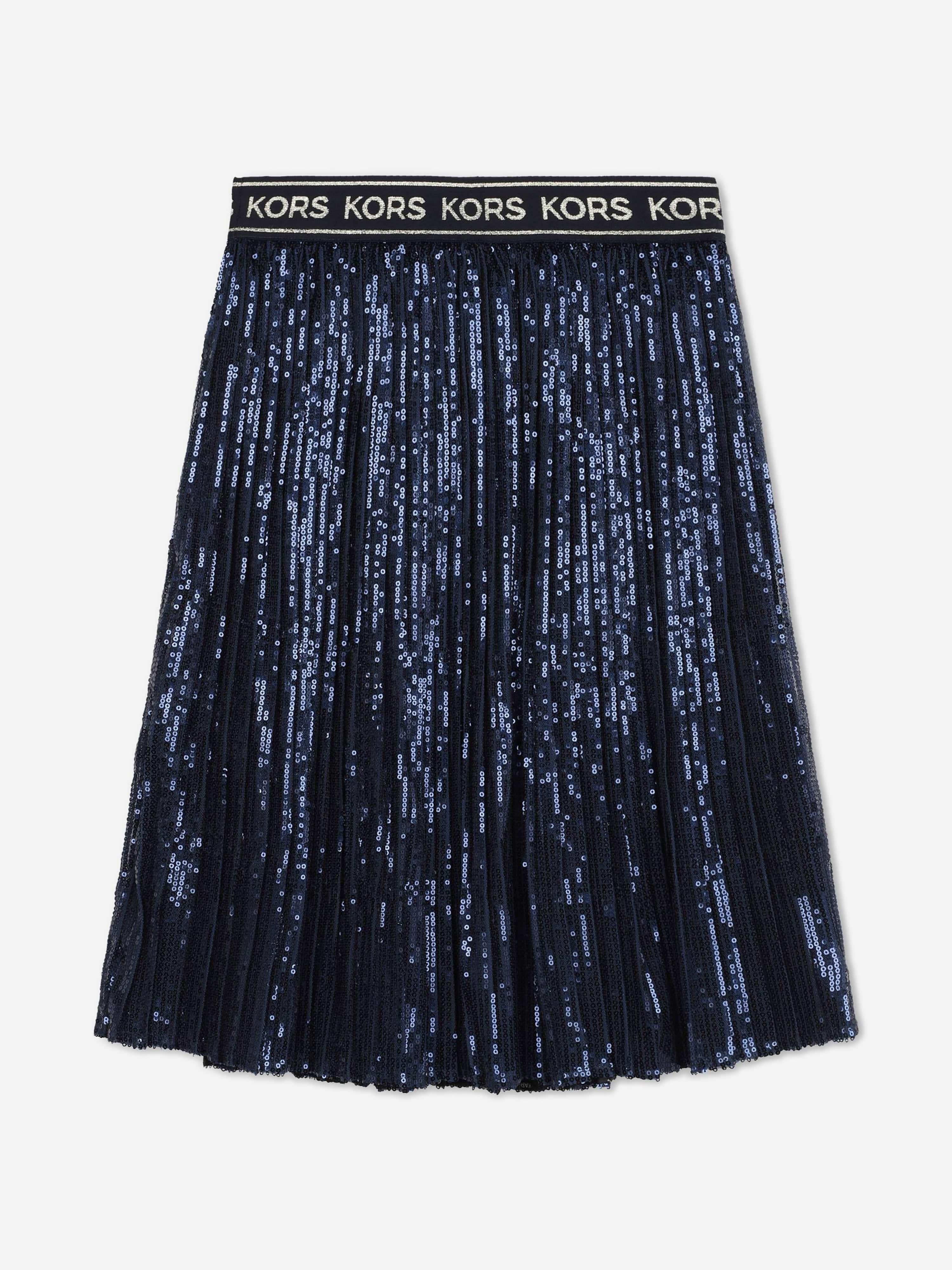 Michael Kors Girls Pleated Sequined Mid-Length Skirt in Navy