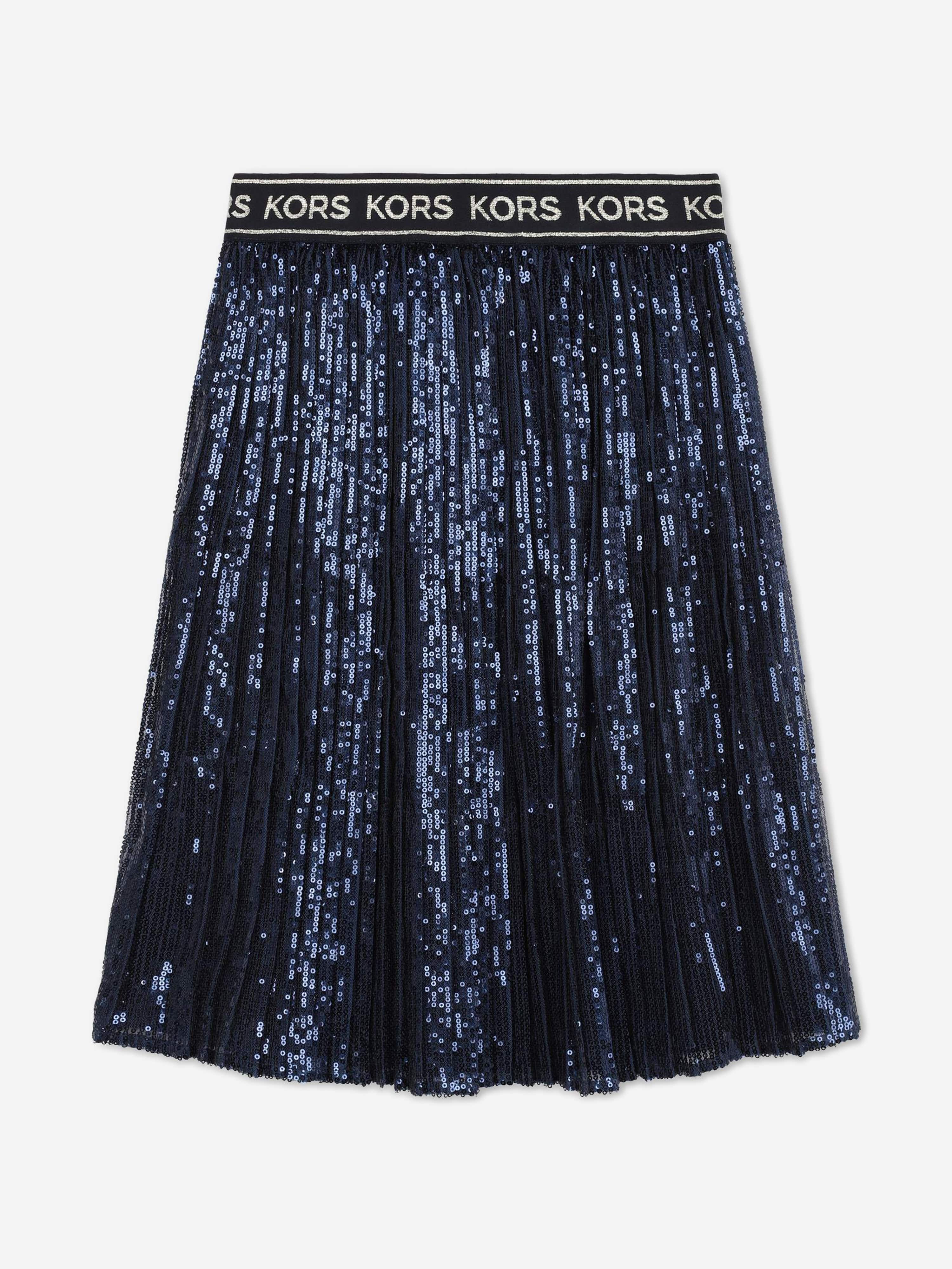 Michael Kors Girls Pleated Sequined Mid-Length Skirt in Navy