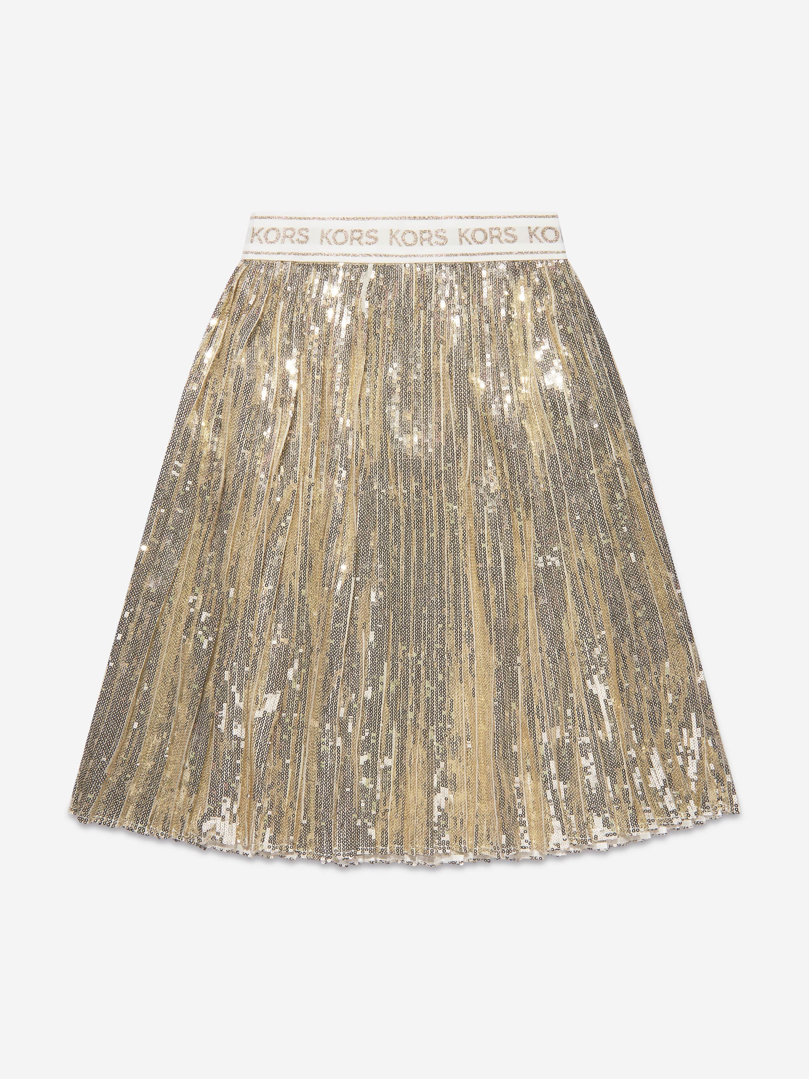 Michael Kors Girls Pleated Sequined Mid-Length Skirt in Gold