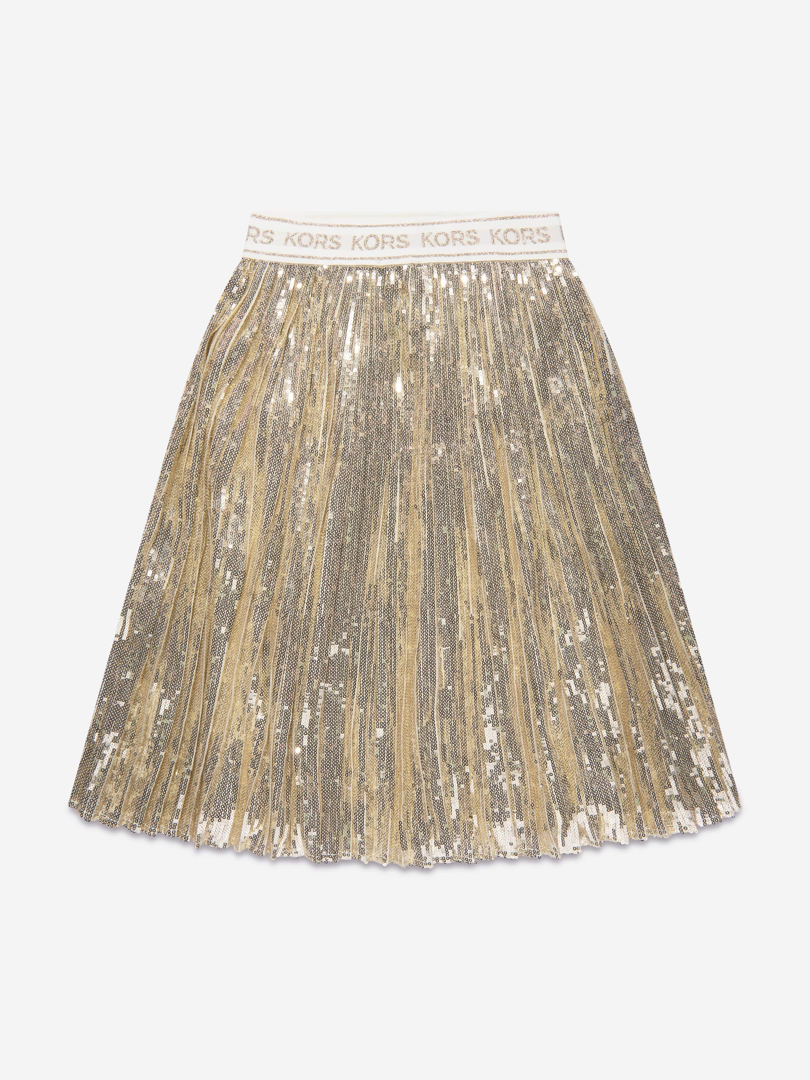 Michael Kors Girls Pleated Sequined Mid-Length Skirt in Gold