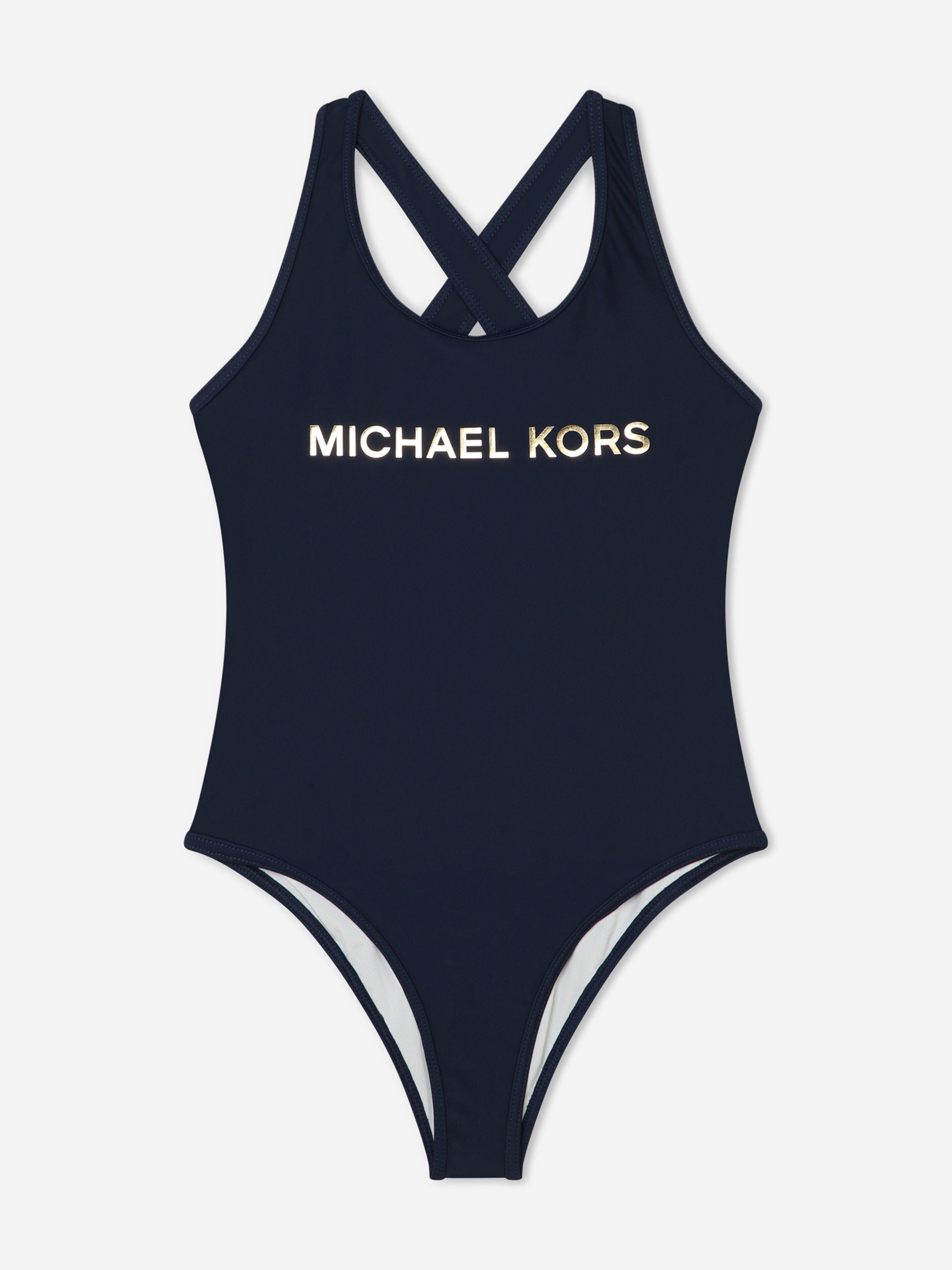 Michael Kors Girls Logo Print Swimsuit in Navy