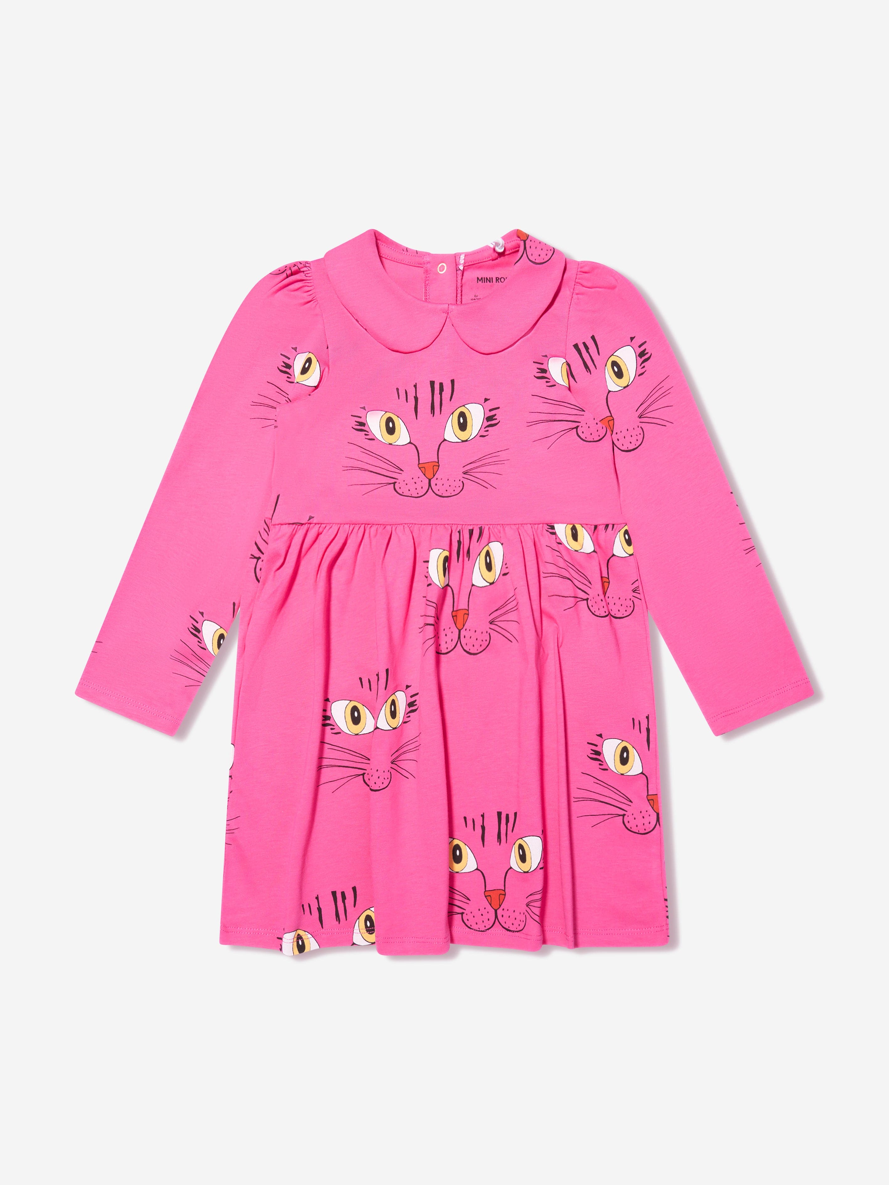 Mini Rodini Girls Cat Face Long Sleeve Dress in Pink