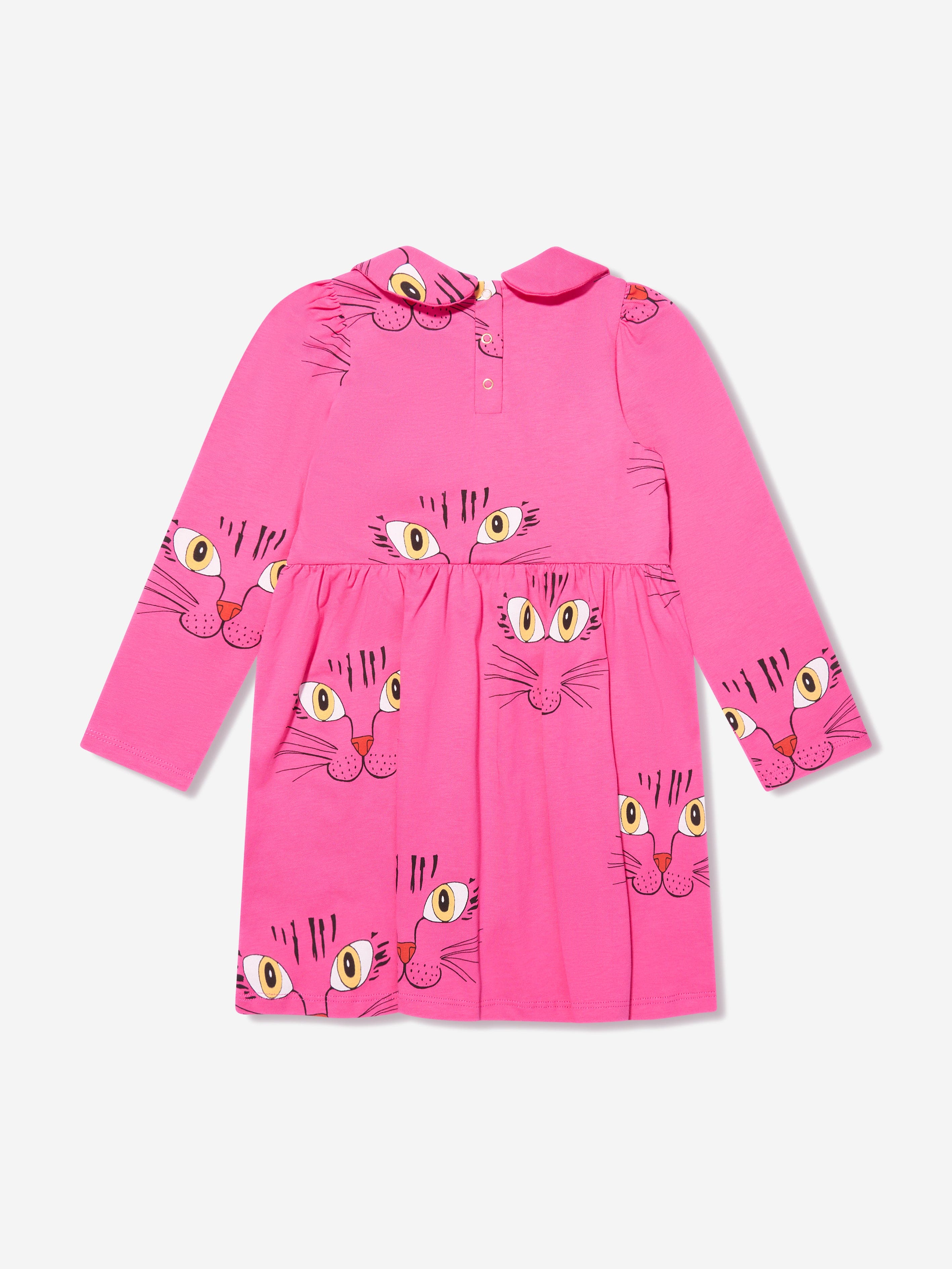 Mini Rodini Girls Cat Face Long Sleeve Dress in Pink