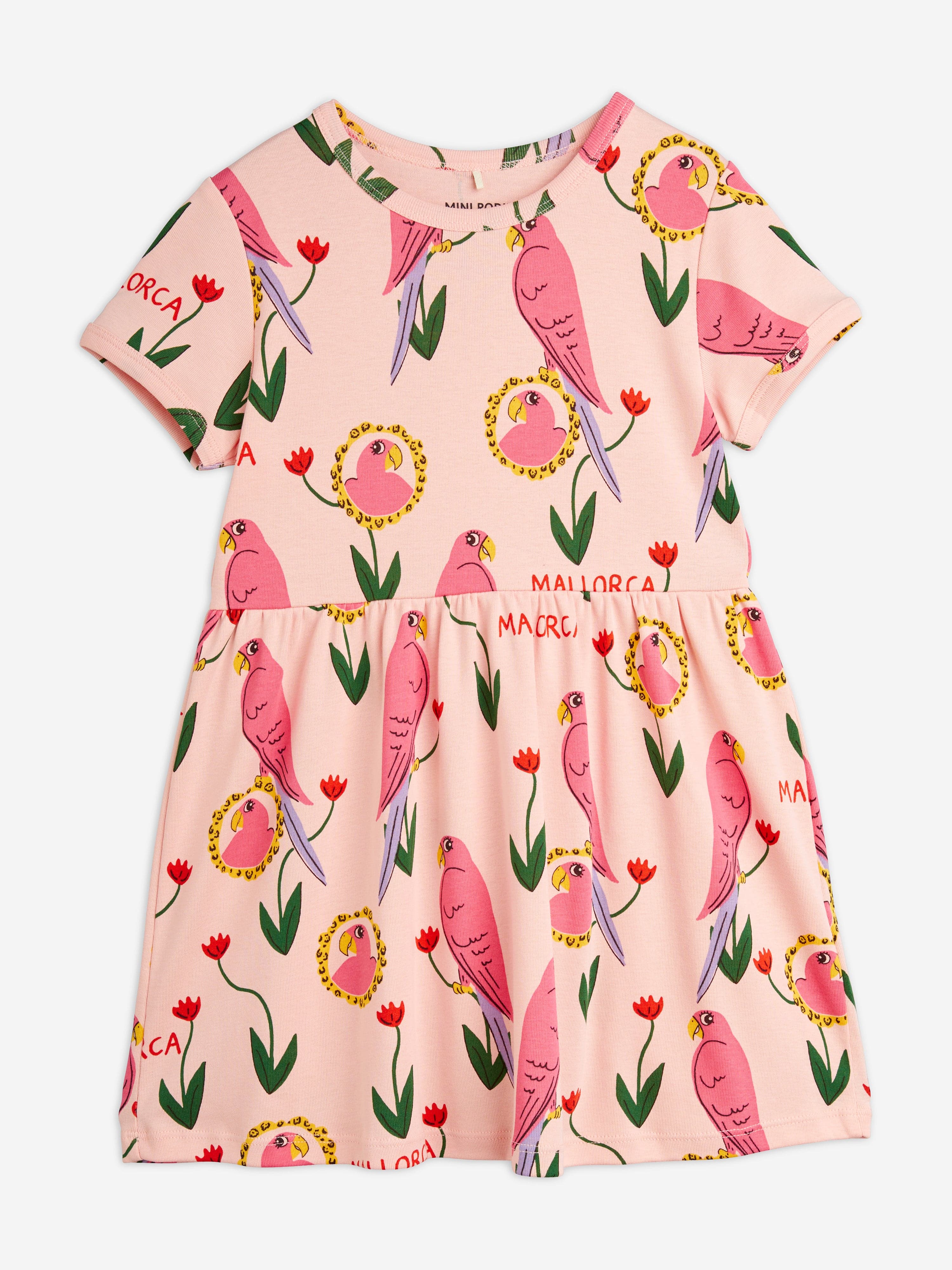 Mini Rodini Girls Parrot Print Dress in Pink