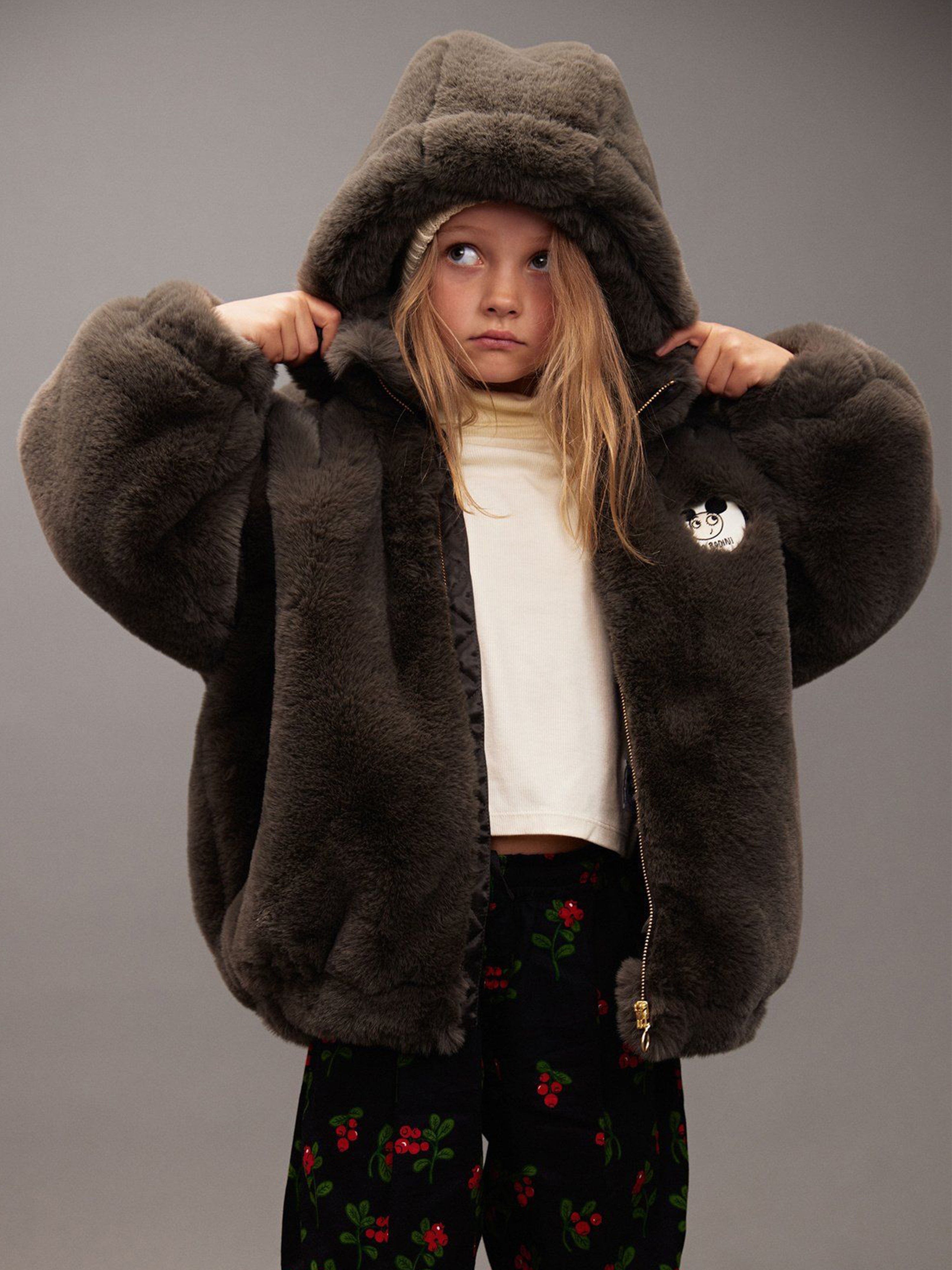 Mini Rodini Girls Ritzratz Patch Faux Fur Jacket in Grey