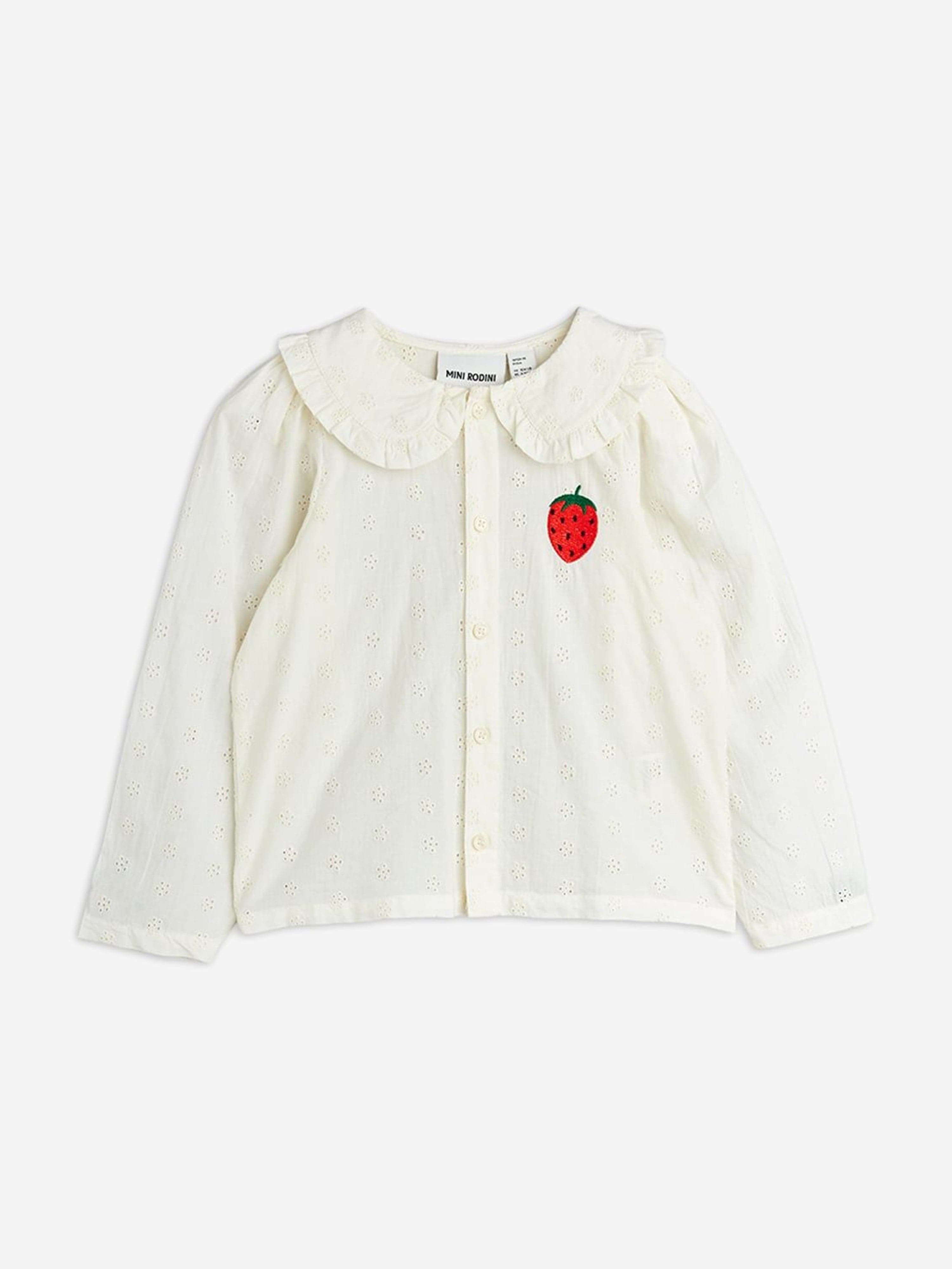 Mini Rodini Girls Embroidered Strawberry Schiffli Blouse in White