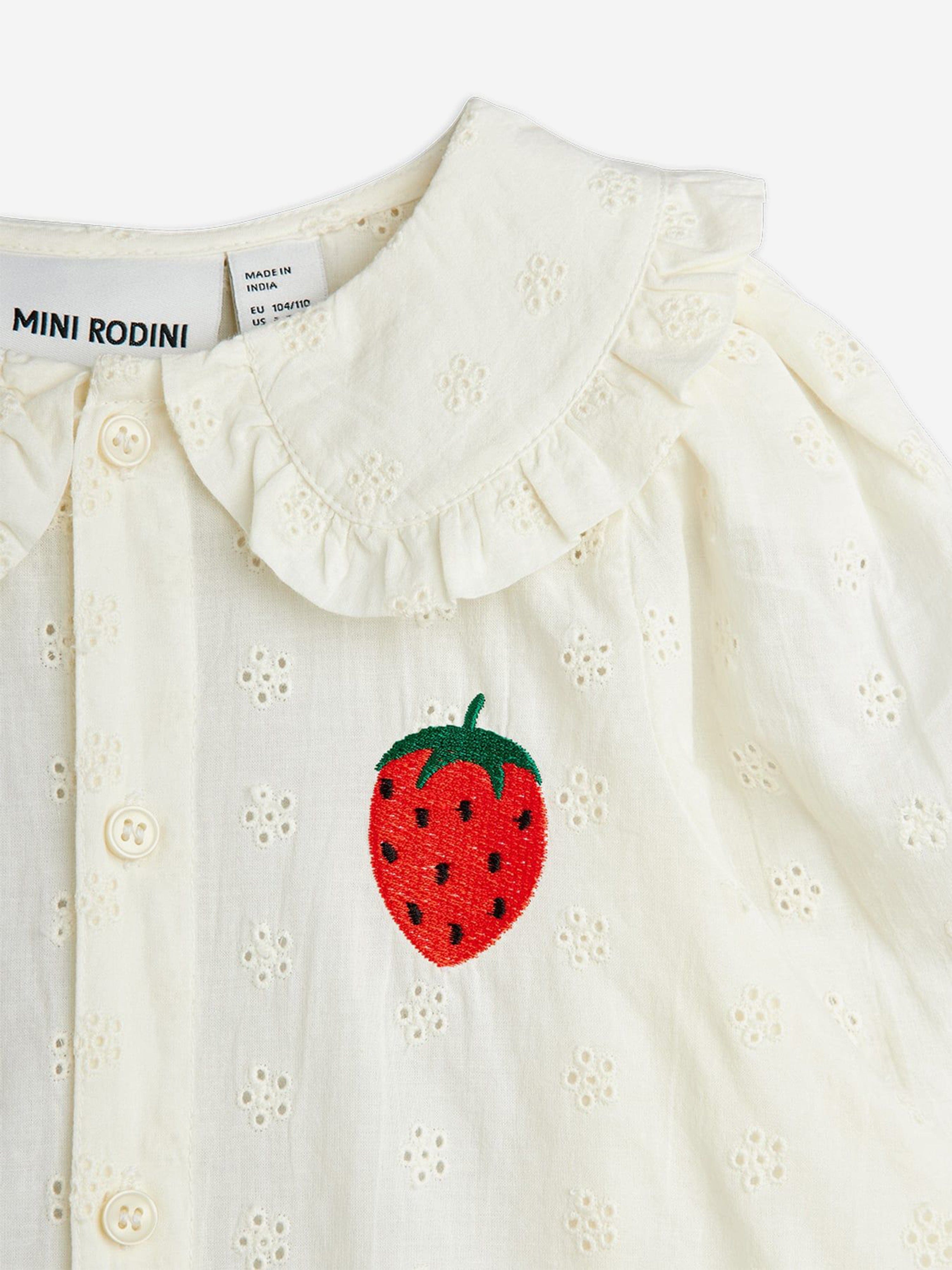 Mini Rodini Girls Embroidered Strawberry Schiffli Blouse in White