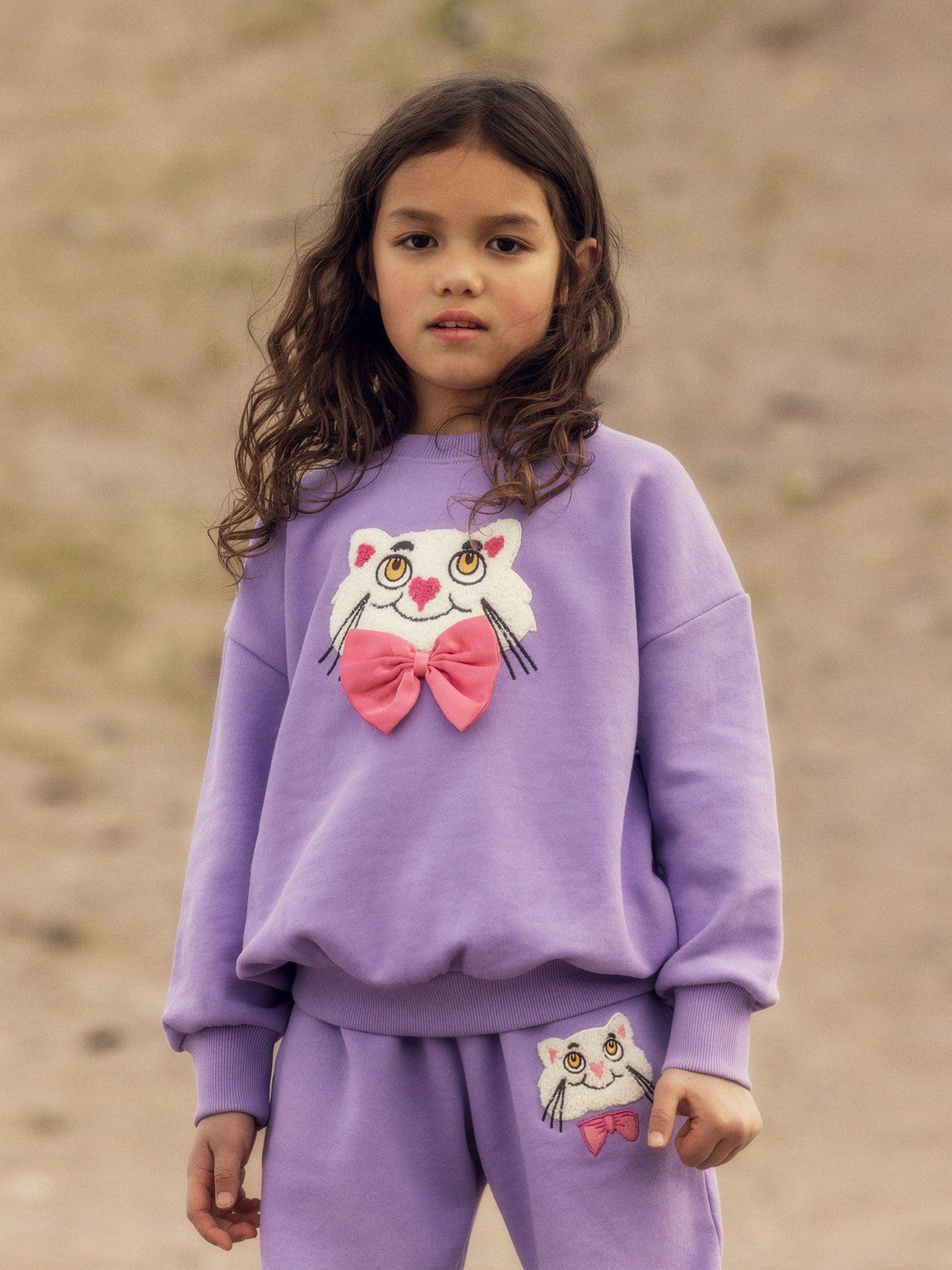 Mini Rodini Girls Cat with Bow Tie Sweatshirt in Purple