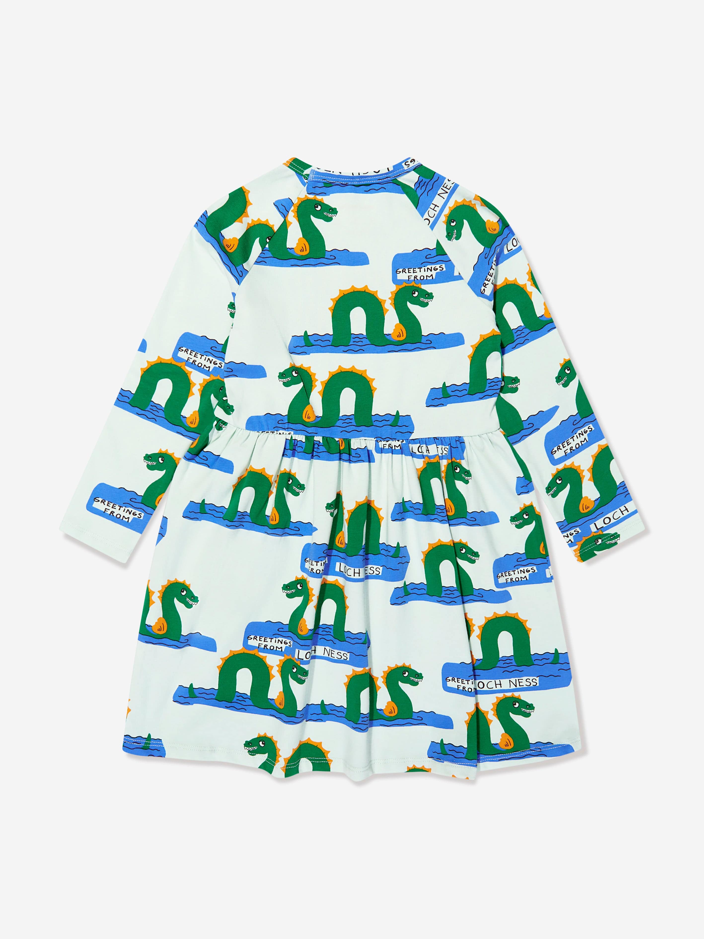 Mini Rodini Girls Organic Cotton Loch Ness Long Sleeve Dress in Green