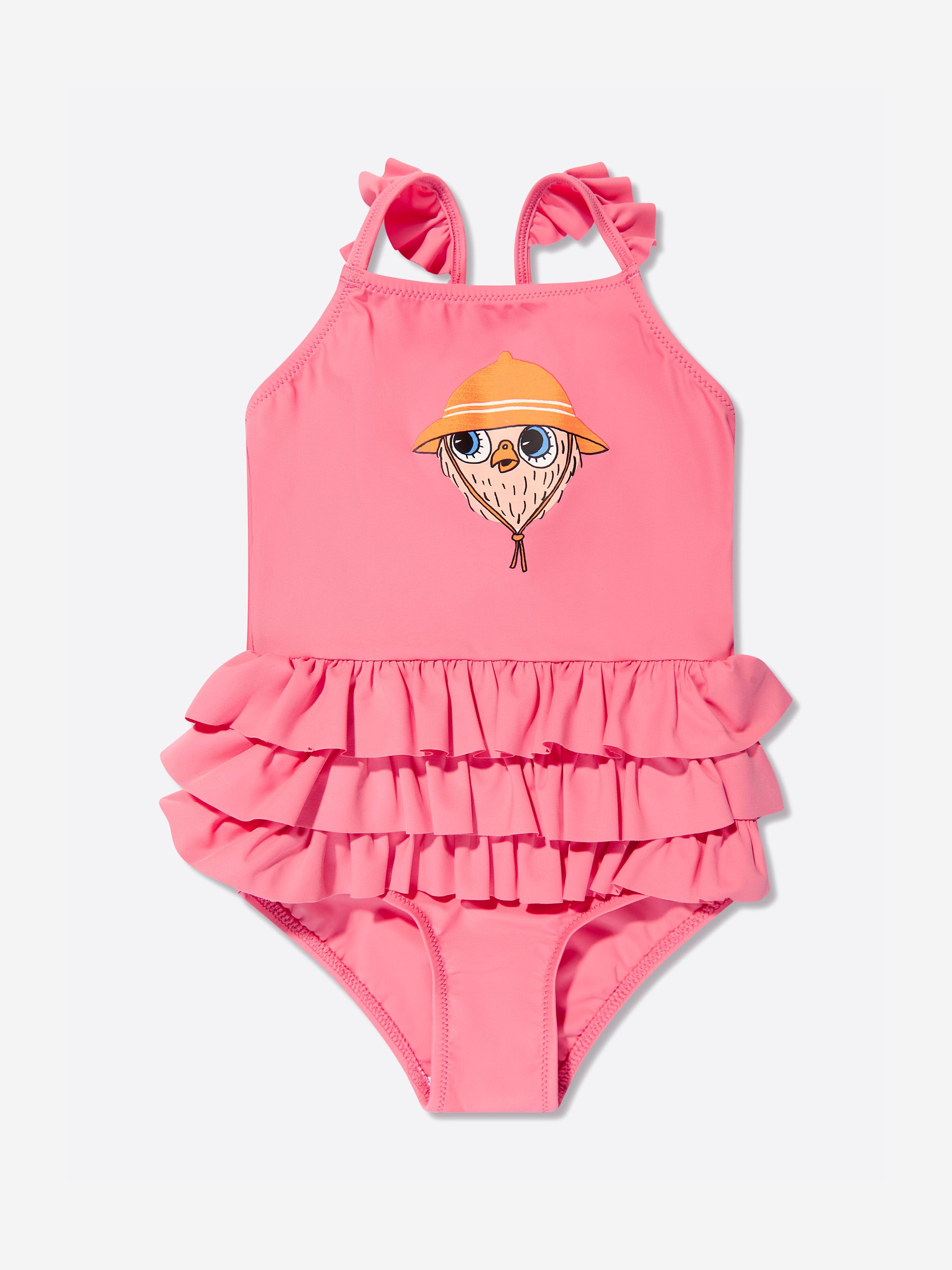 Mini Rodini Girls Owl Frill Swimsuit in Pink