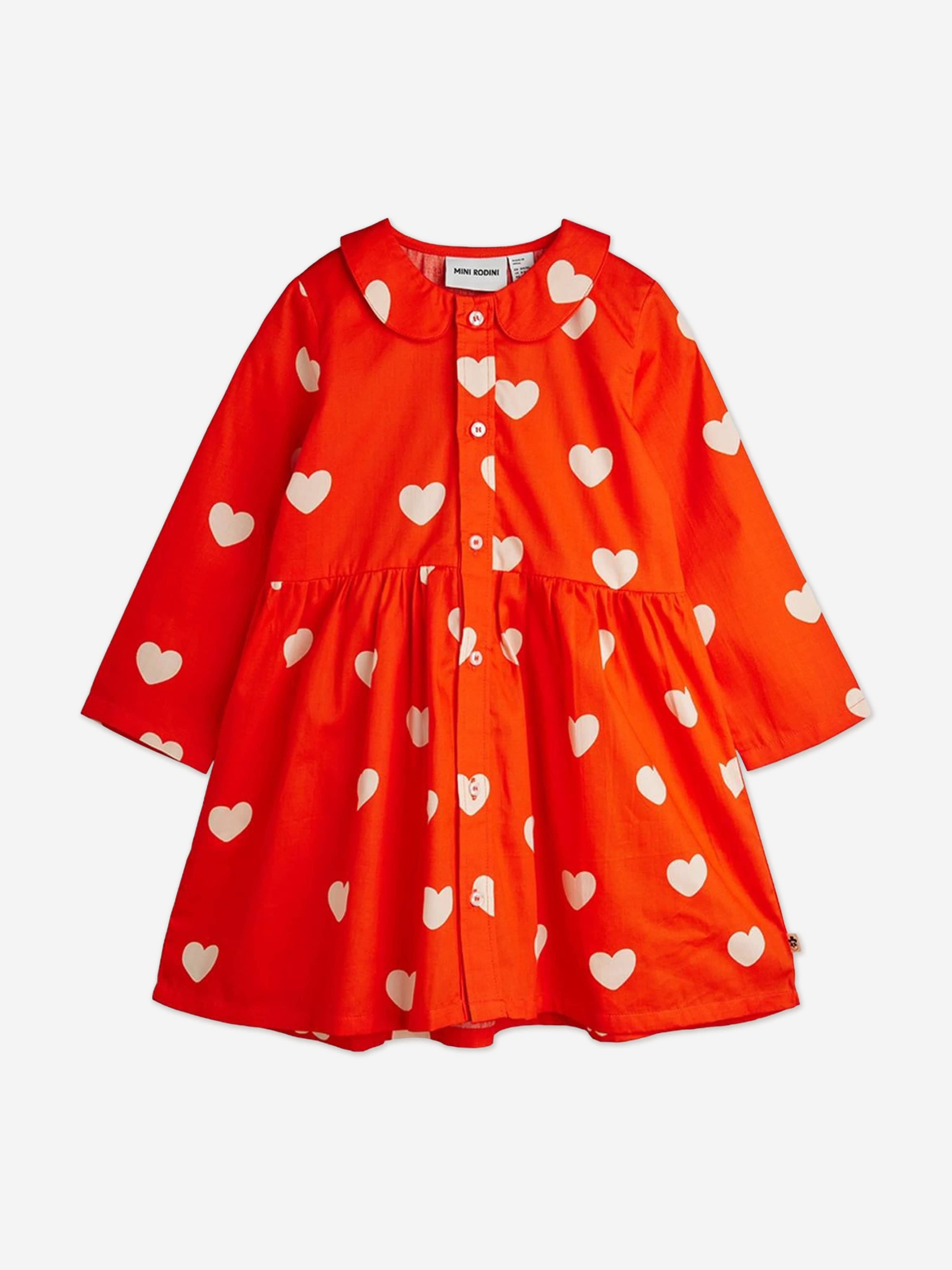 Mini Rodini Girls Hearts AOP Shirt Dress in Orange