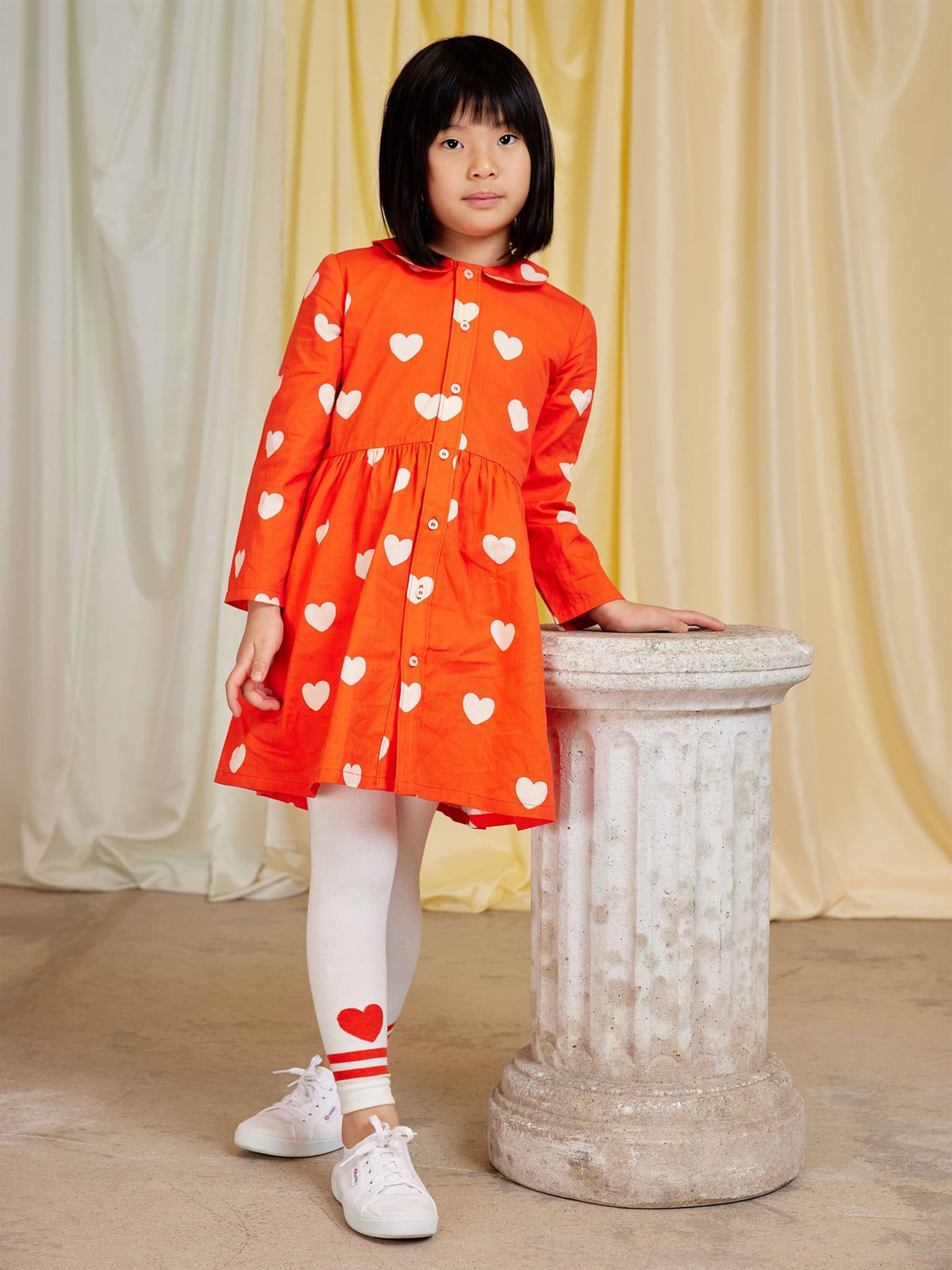 Mini Rodini Girls Hearts AOP Shirt Dress in Orange