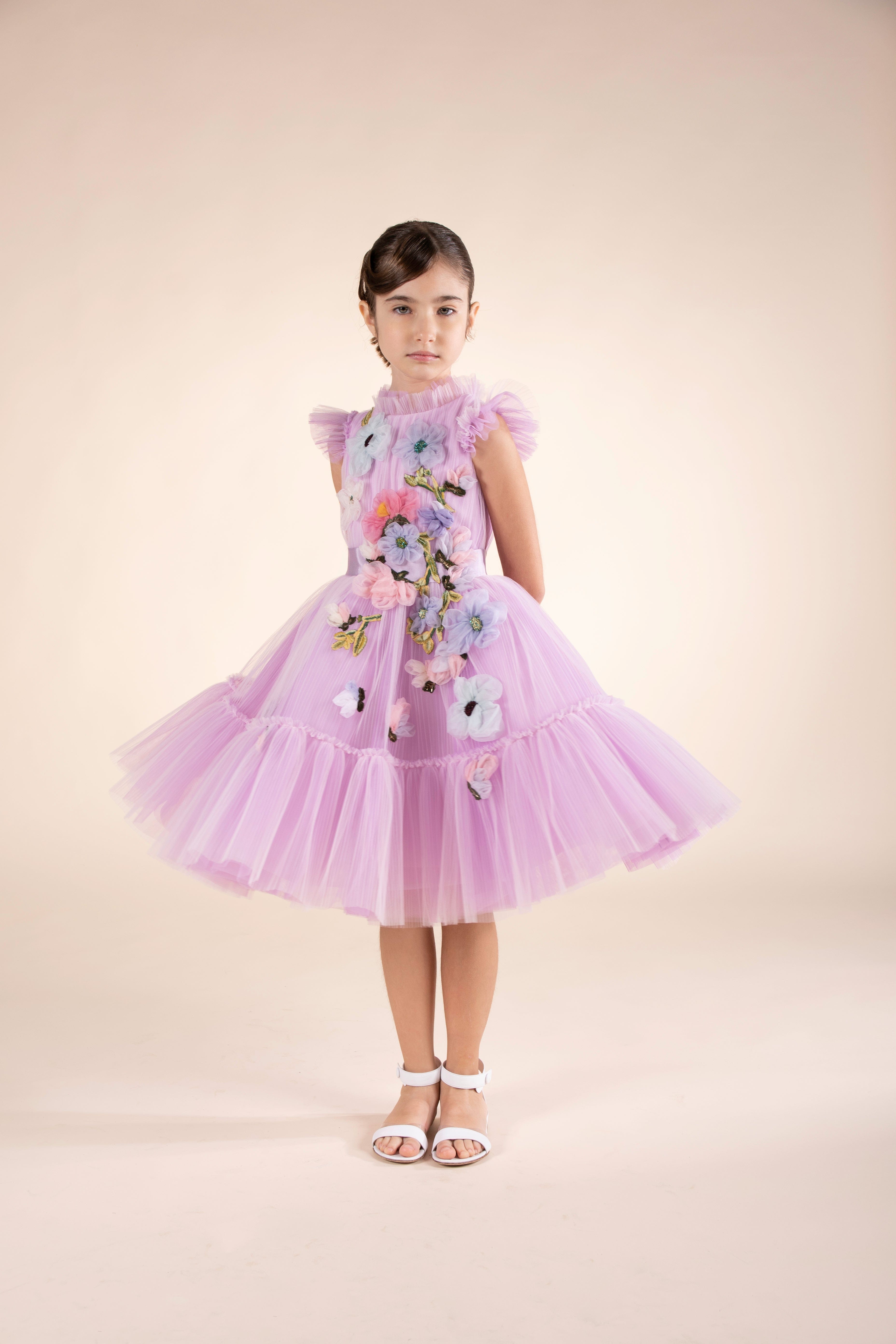 Marchesa Girls Flower Embellished Pleated Tulle Gown in Purple