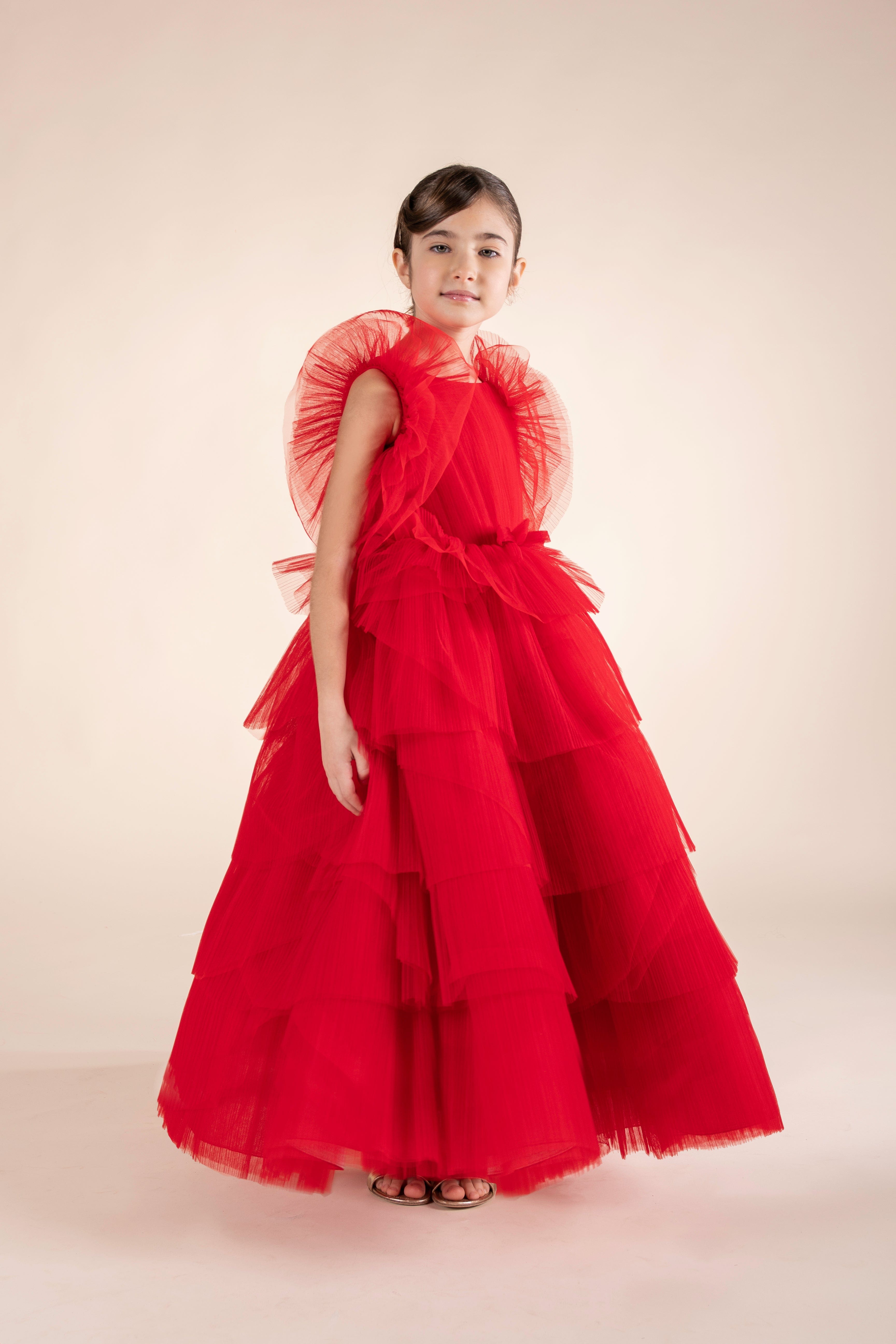 Marchesa Girls Pleated Tulle Flounce Gown in Red