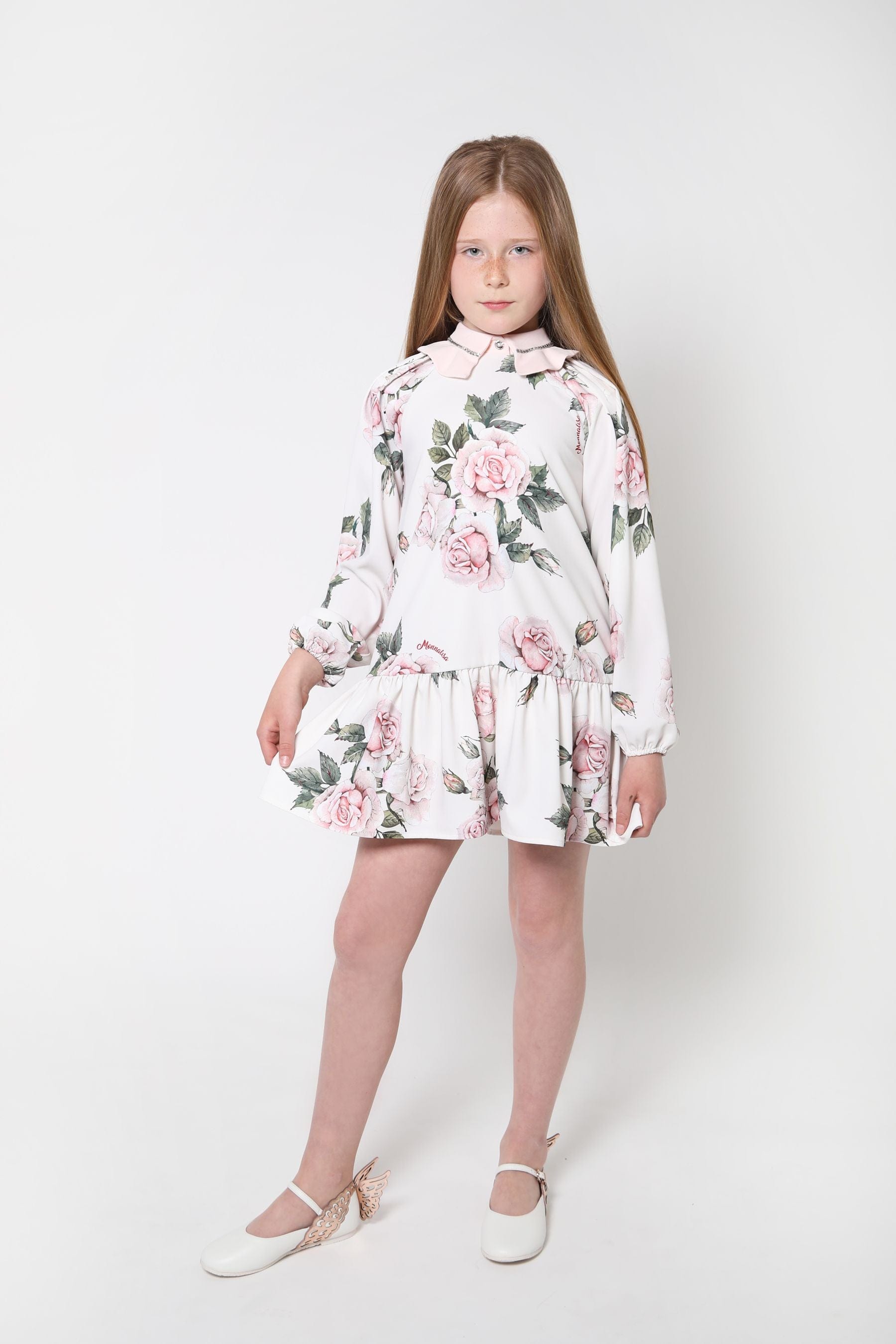 Monnalisa Girls Rose Print Long Sleeve Dress