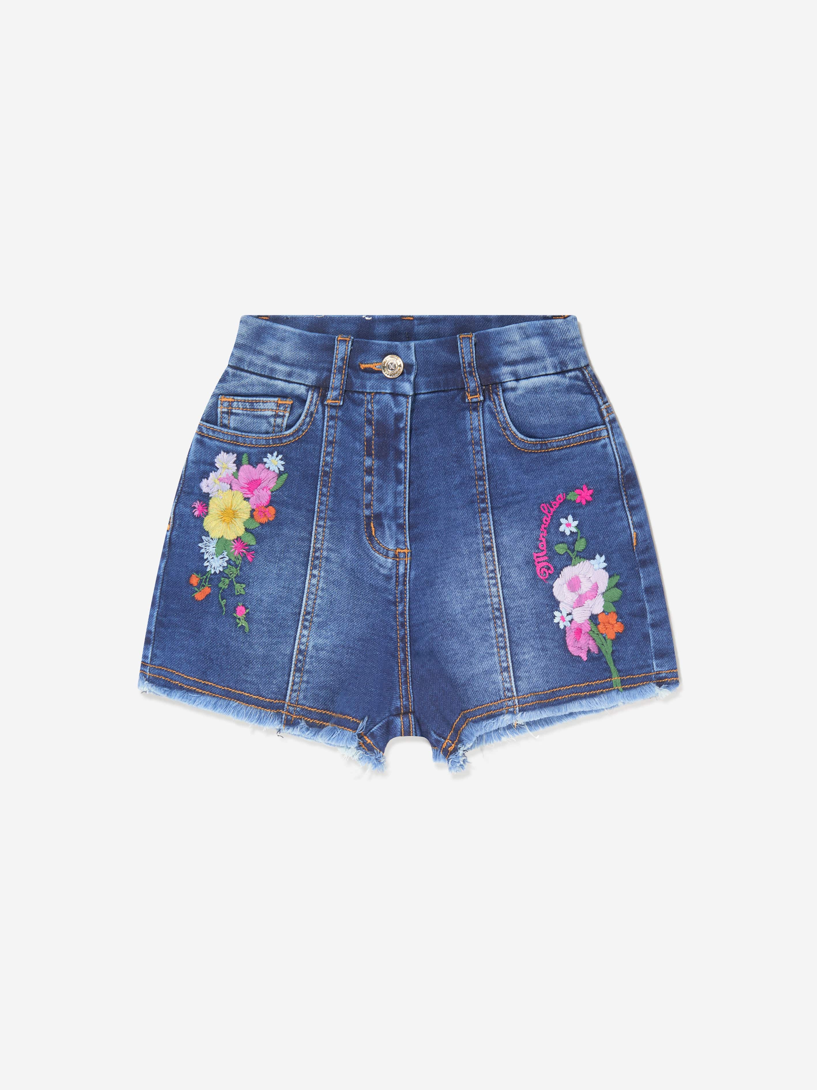 Monnalisa Girls Denim Embroidered Flower Shorts