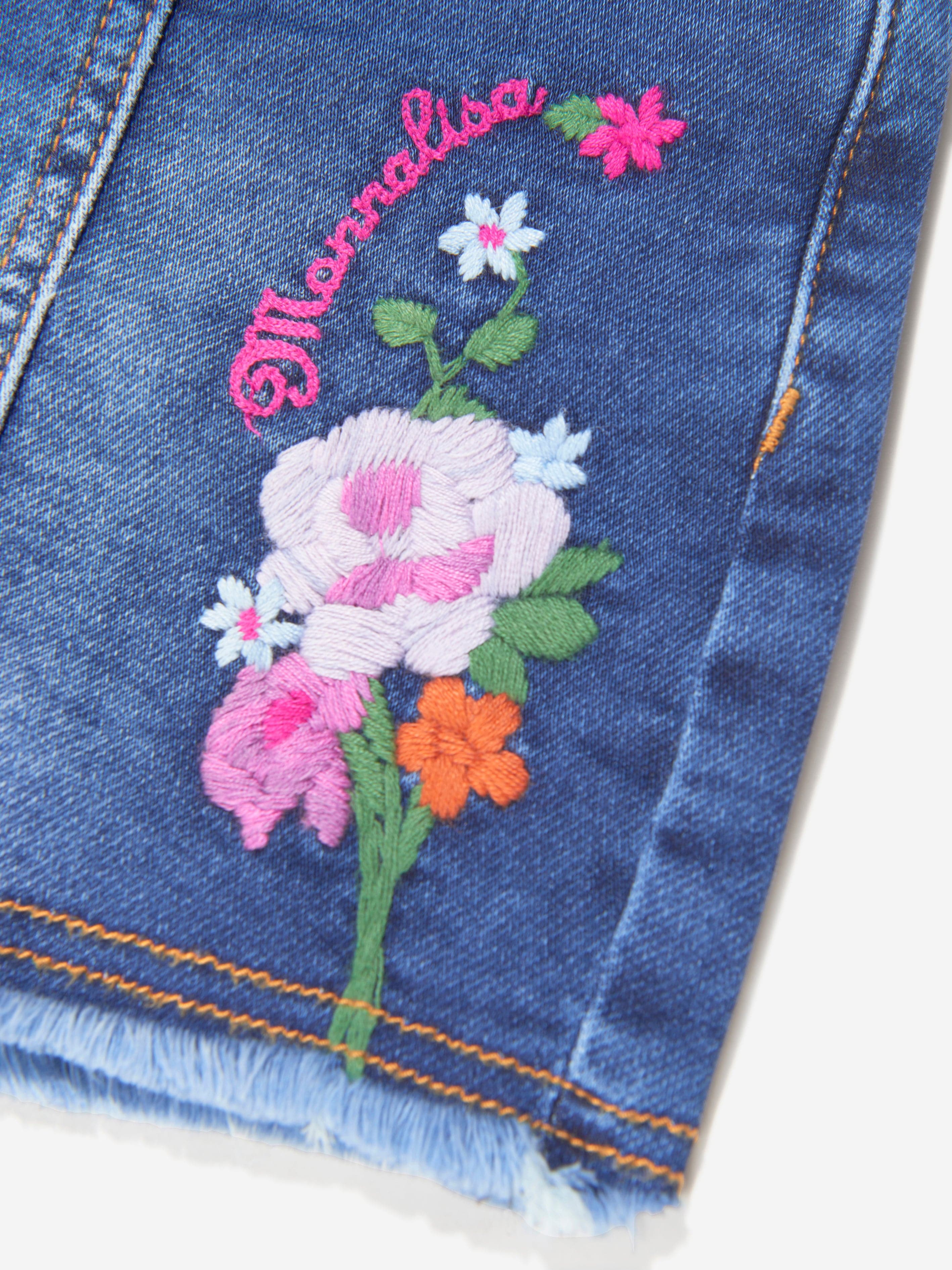 Monnalisa Girls Denim Embroidered Flower Shorts