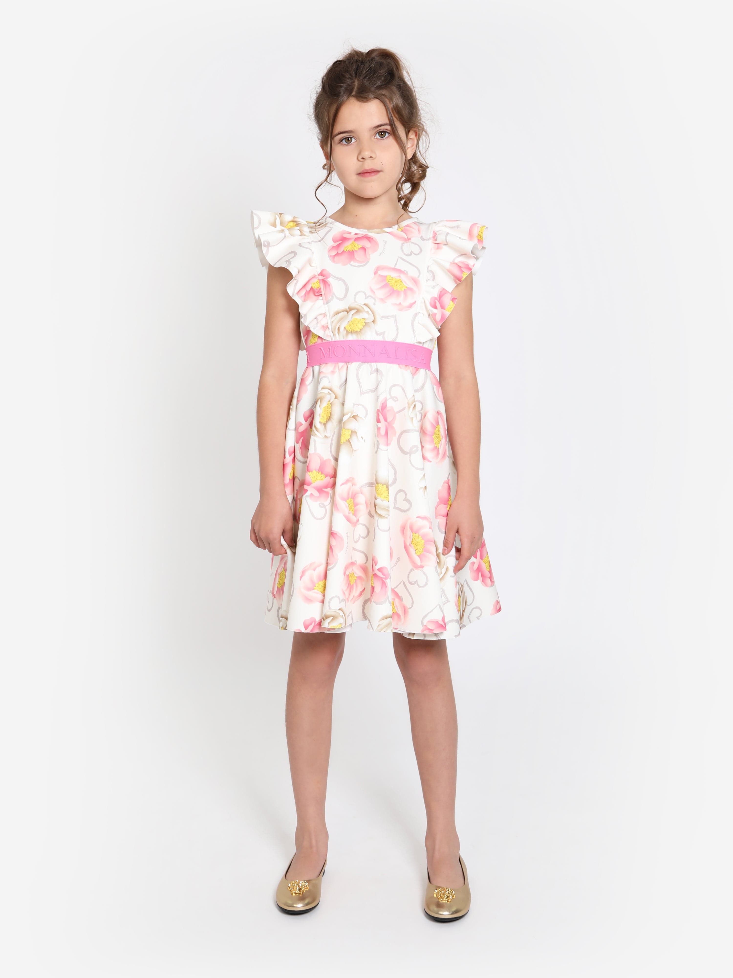 Monnalisa Girls Flower Print Dress in Ivory