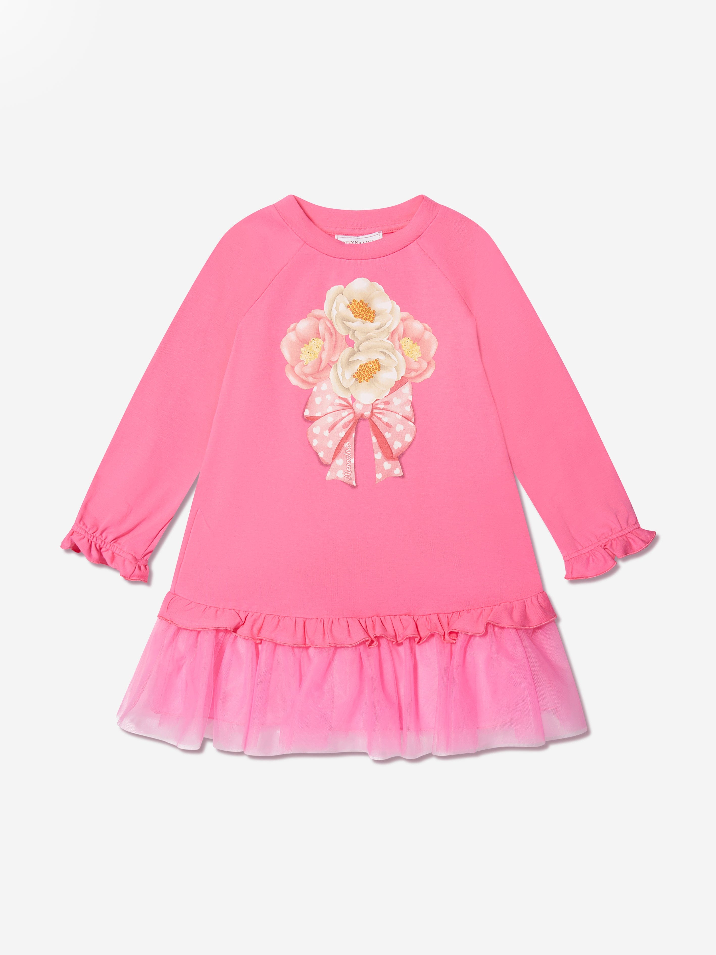 Monnalisa Girls Tulle Hem Flower Dress in Pink