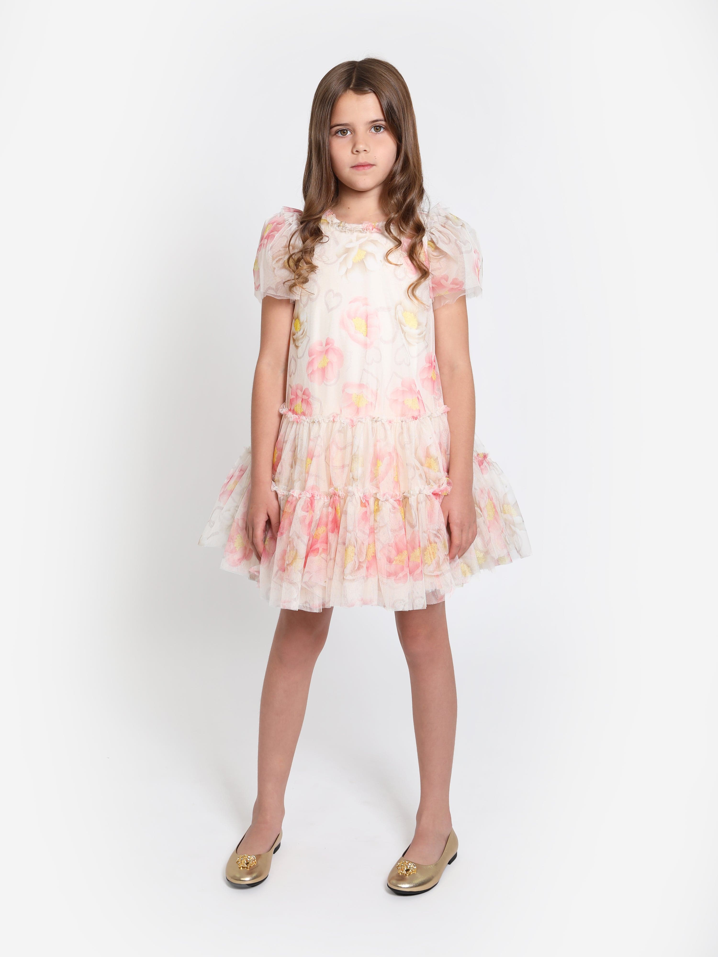 Monnalisa Girls Tulle Ruffle Dress in Ivory